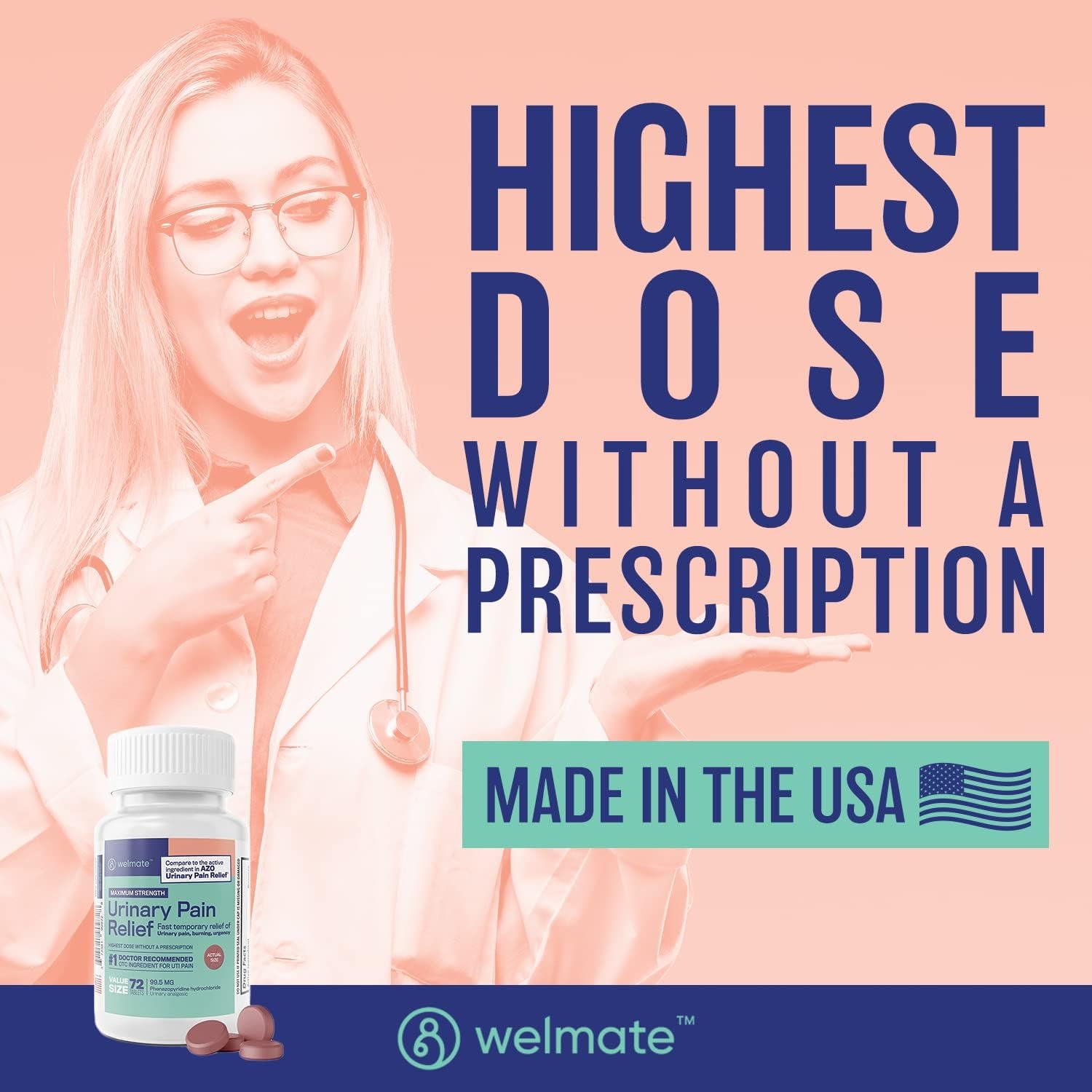 WELMATE Urinary Pain Relief – 72 Tablets | Fast-Acting UTI Symptom Relief