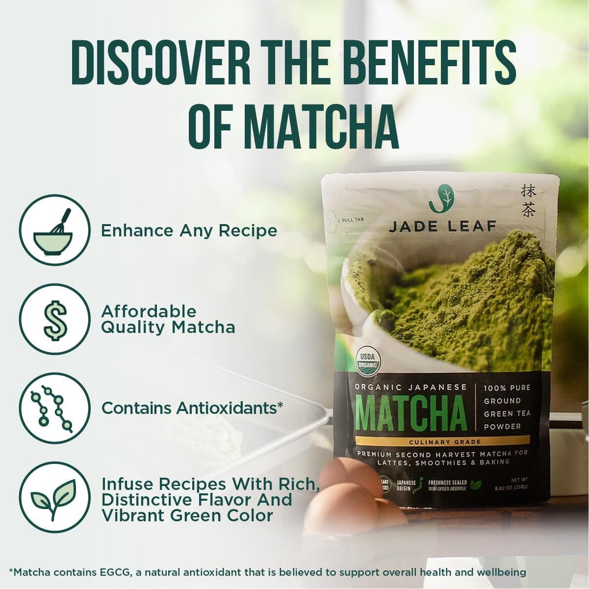 Jade Leaf Matcha Organic Japanese Matcha 100% Pure Ground Green Tea Powder - 100g