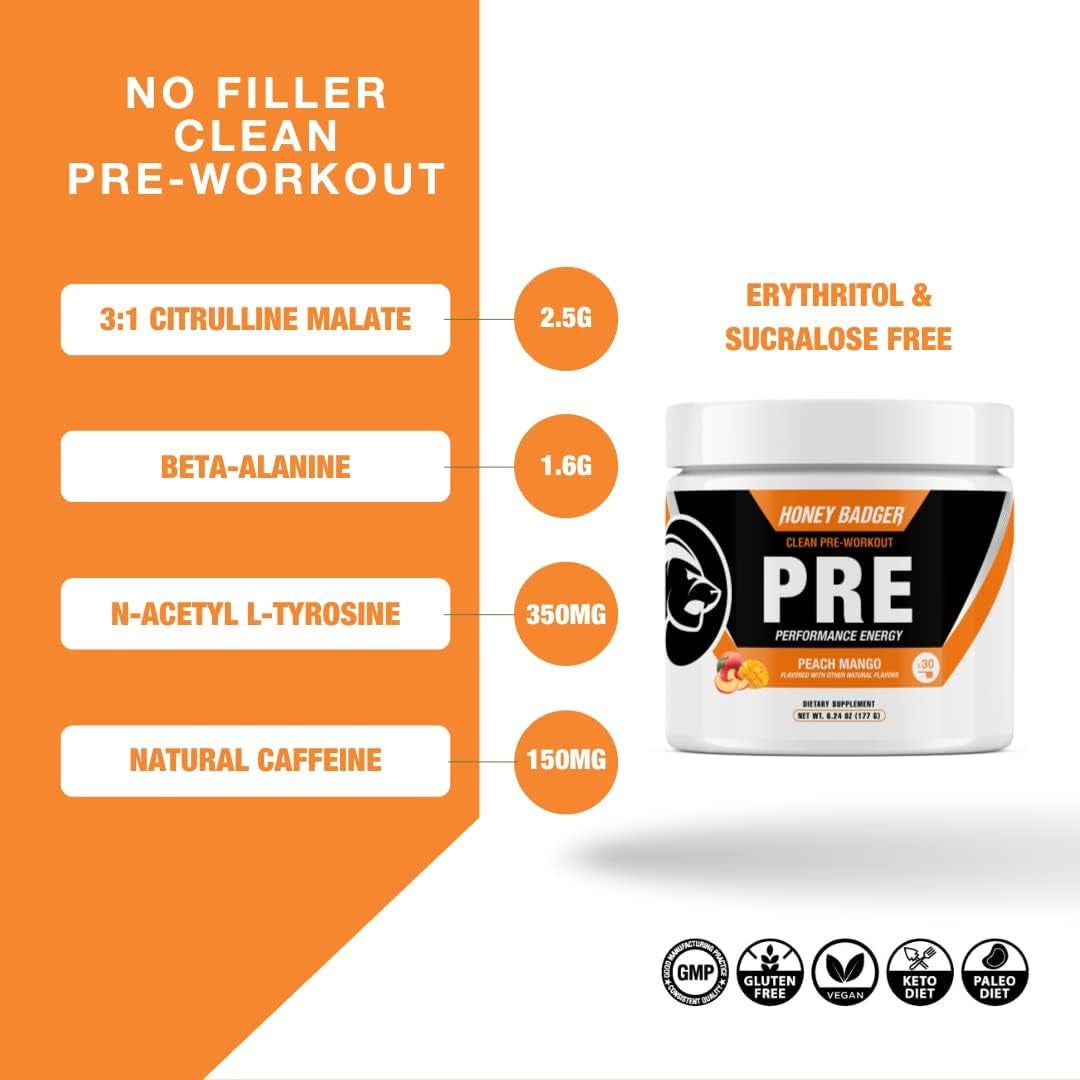 Honey Badger Clean Pre-Workout (Peach Mango Flavor) – 177g | Zero-Crash Energy, Focus & Endurance Boost