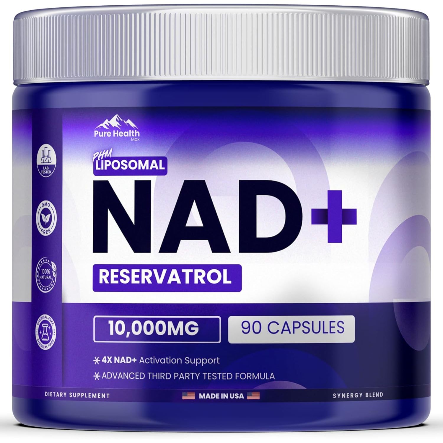 PHM NAD Resveratrol Supplement - 10,000MG Extra Strength | NAD+ Liposomal Supplements for Men and Women | NMN & NMNH Alternative | 90 Capsules, 3 Months Supply