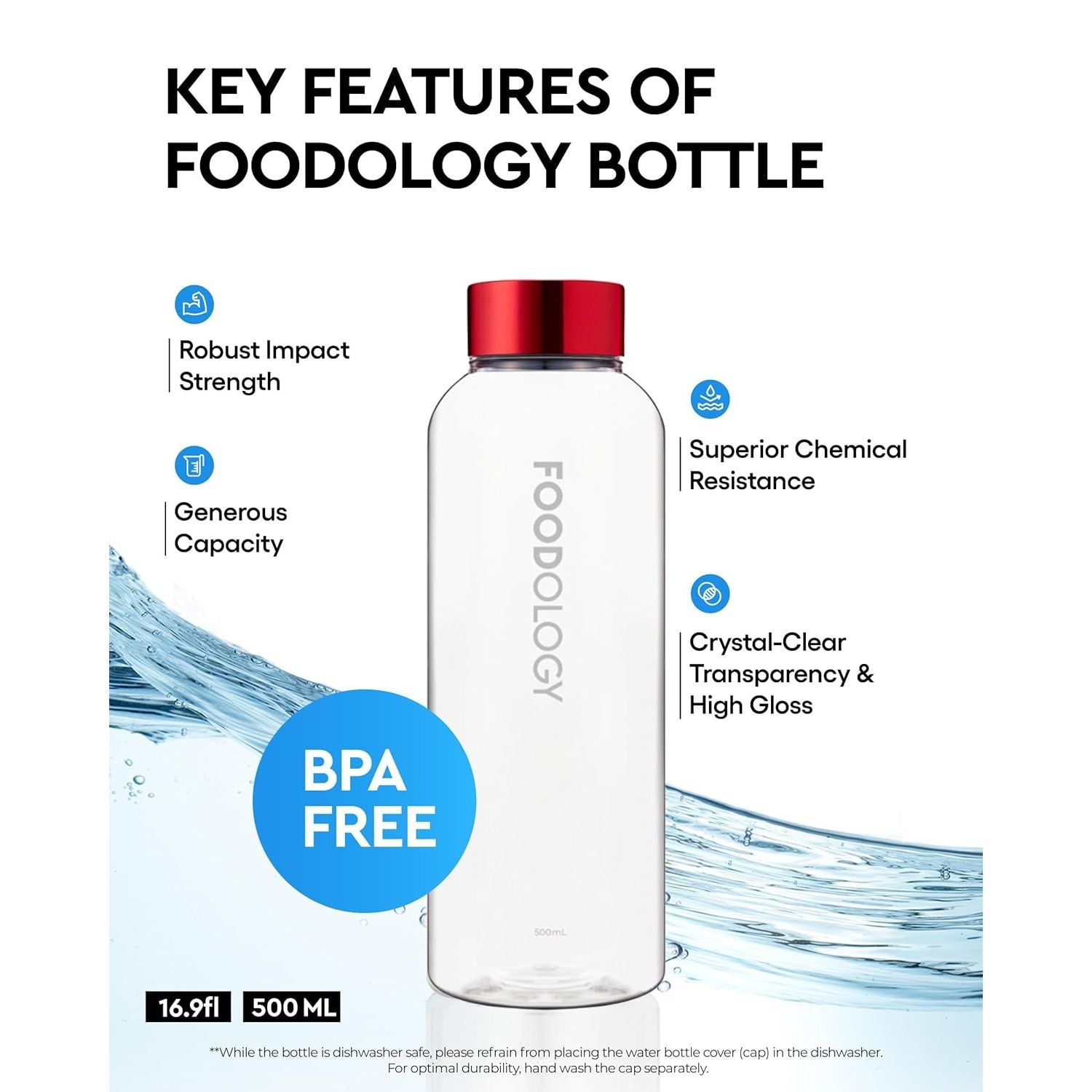 Bottle for Drink Mix (Red, 16.9Fl Oz) - Leak Proof, Lightweight, Durable Sports Water Bottle. Reusable for Gym, Outdoor, Travel. BPA Free, Clear Beverage Container with Marker