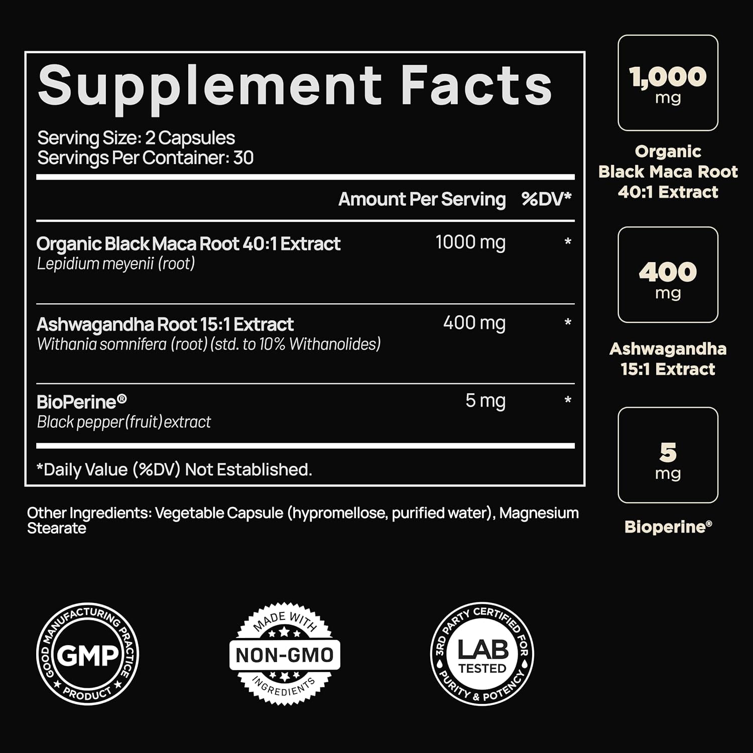 Terra Elmnt 40,000Mg 40X Strength Organic Black Maca Root + Ashwagandha - #1 Highest Potency Black Maca Root Capsules for Men Supplement 100% Pure Maca Peruana 40:1 Extract Maca Powder Pills Male Booster