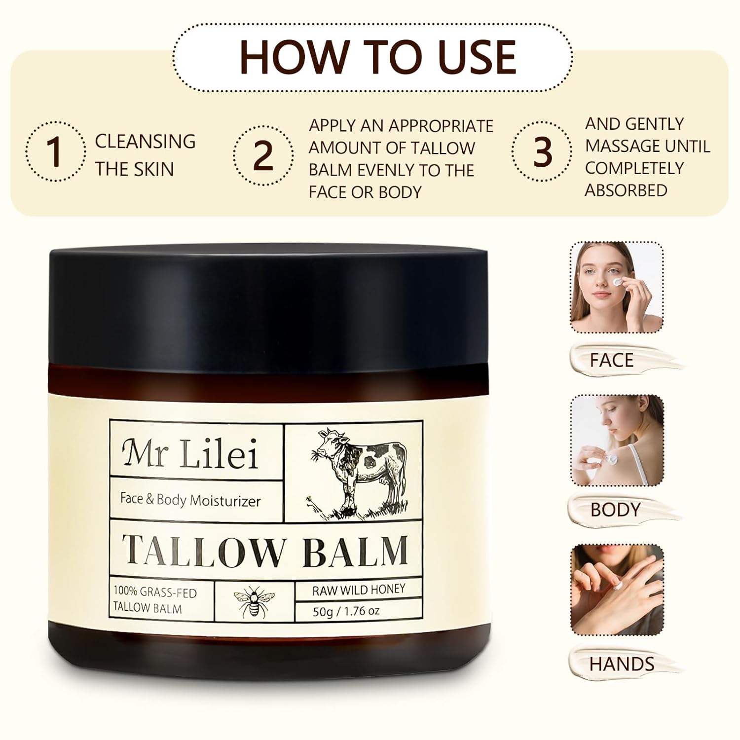 Mr Lilei Tallow Balm Face & Body Moisturizer – 50g | Deeply Nourishing, Natural Hydration for All Skin Types