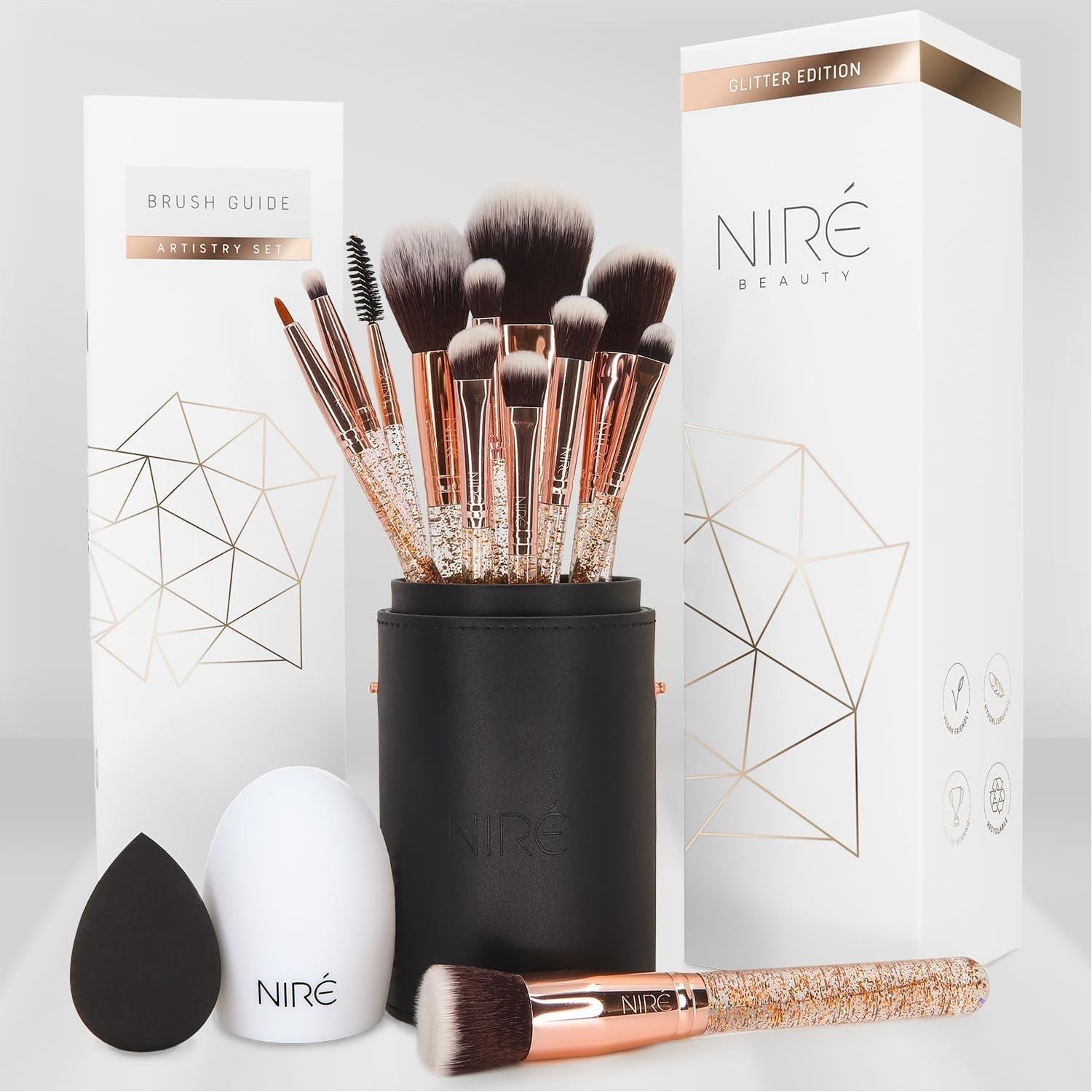 Niré Beauty 15-Piece Award Winning Glitter Makeup Brush Set (Glitter Rose Gold)