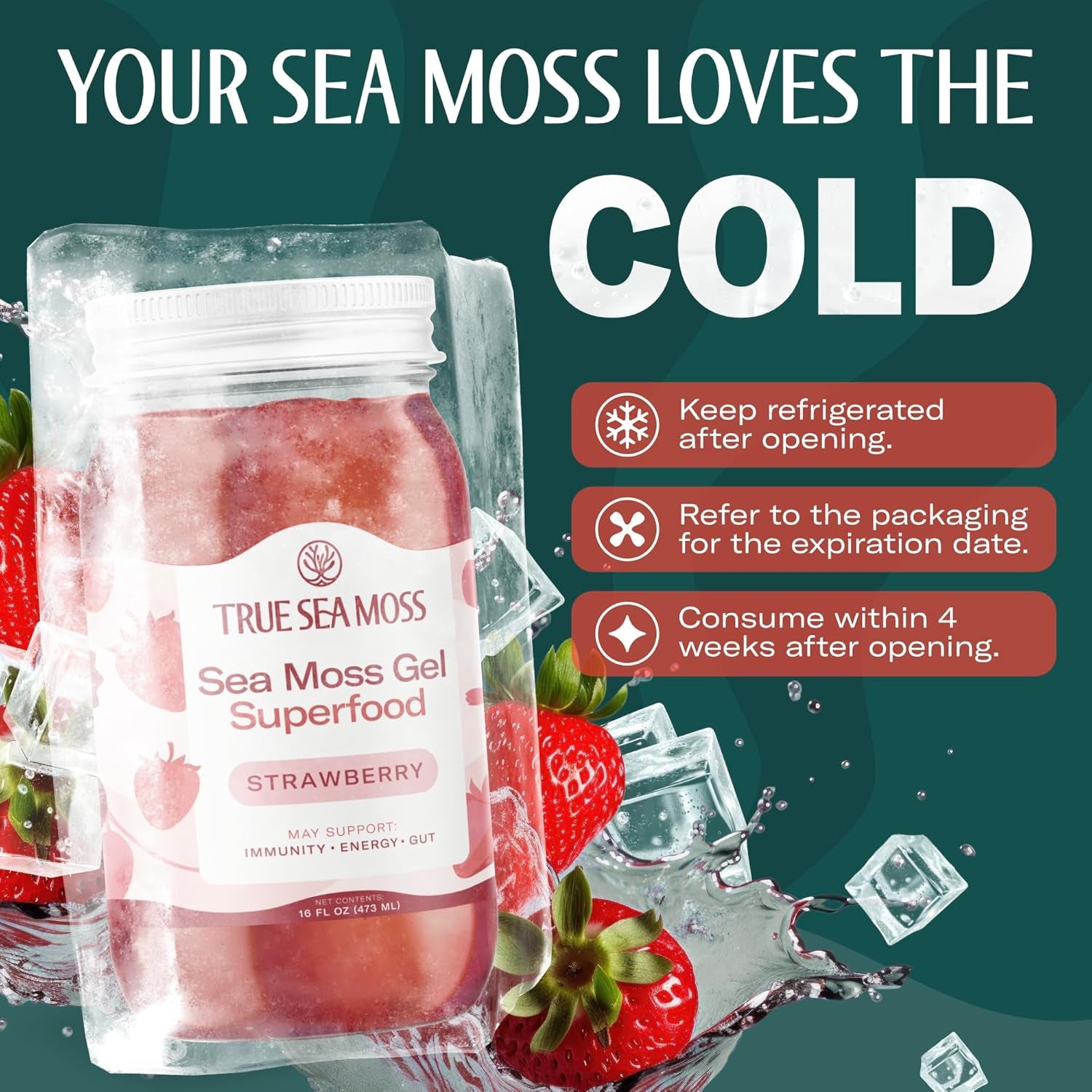 TrueSeaMoss Sea Moss Gel Superfood – 473ml, Strawberry Flavor | Immunity, Energy & Digestion Support