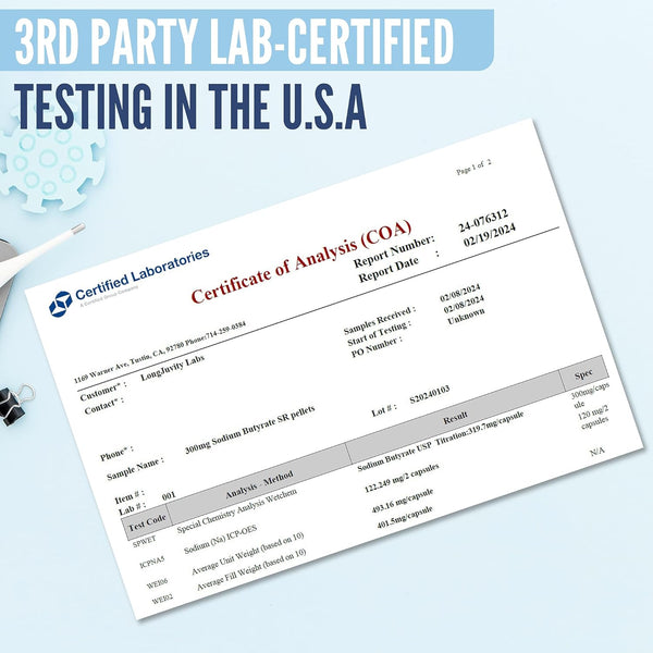 LongJuvity Labs Sodium Butyrate Supplement – 120 Capsules | Gut Lining Support, Microbiome Balance & Bloating Relief