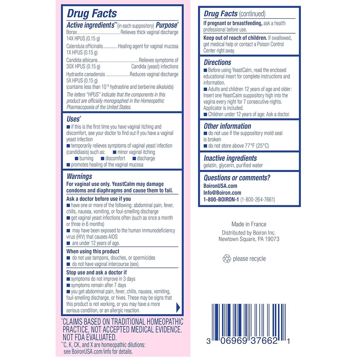 Boiron YeastCalm Homeopathic Medicine – 7 Suppositories | Vaginal Itching & Burning Relief