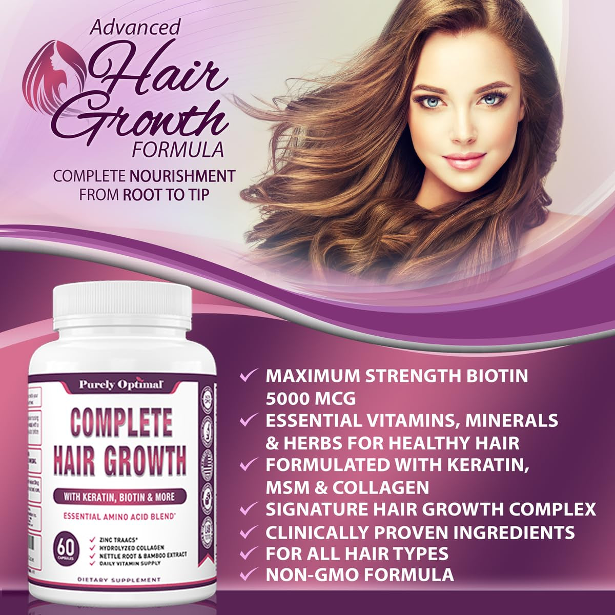 Purely Optimal Complete Hair Growth Supplement – 60 Capsules | Biotin, Collagen & Keratin for Stronger, Thicker Hair