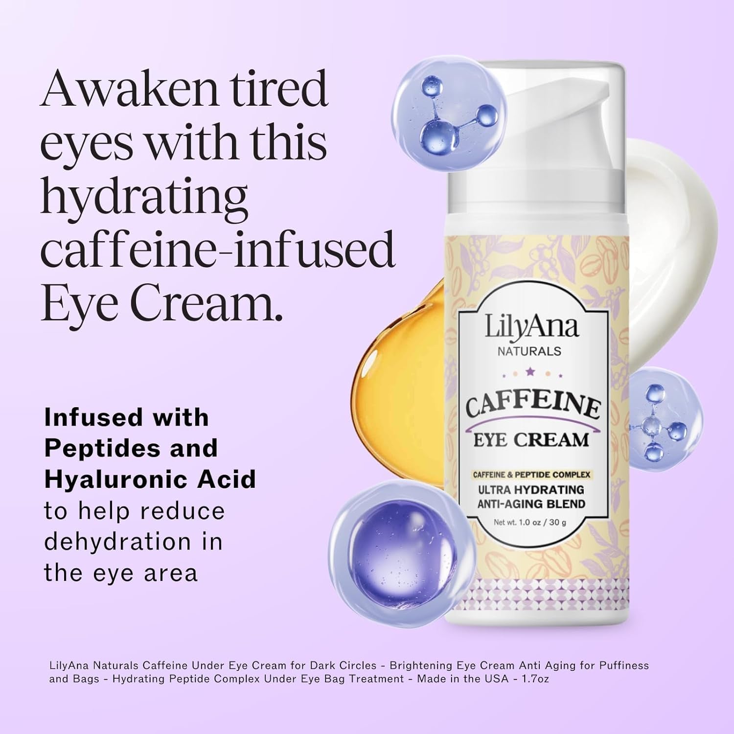 LilyAna Naturals Plumping And Hydrating Caffeine Eye Cream – 30g | Brightens, Depuffs & Firms Tired Eyes