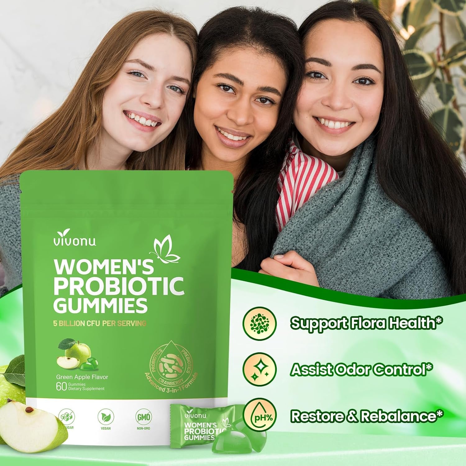 VivoNu Women’s Probiotic Gummies (Green Apple Flavor) – 60 Gummies | Vaginal Balance, pH Support & Digestive Wellness