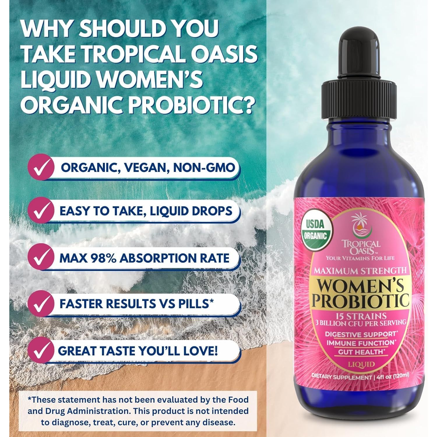 Tropical Oasis Women's Probiotic – 120ml | USDA Organic Liquid Probiotics for Gut & Immune Health