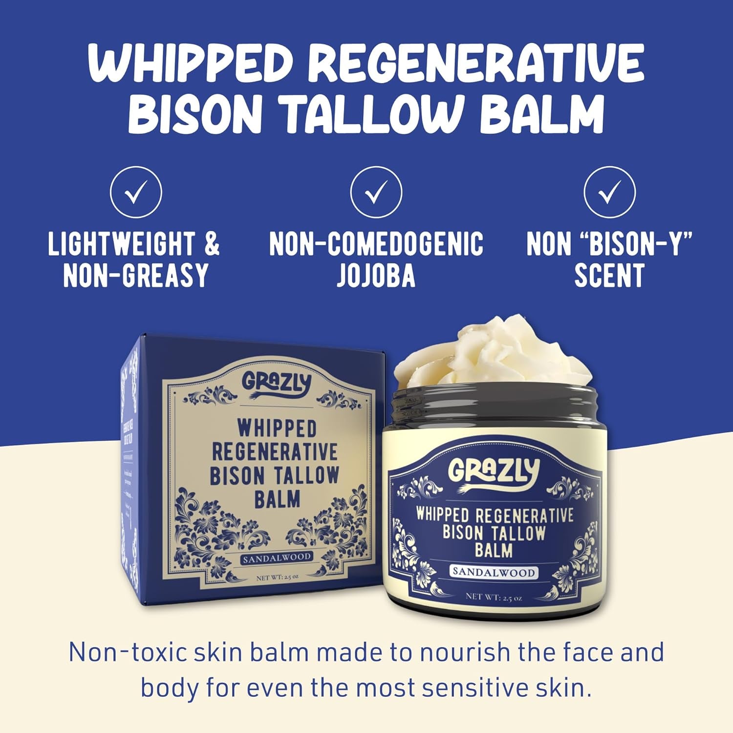 Grazly Whipped Regenerative Bison Tallow Balm (Sandalwood) – 71g | Deep Hydration & Skin Nourishment