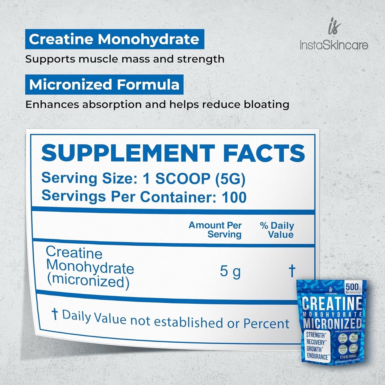 instaskincare Creatine Monohydrate Powder – 5000mg | Pure Micronized Creatine for Muscle Gain, Energy & Strength - 500g