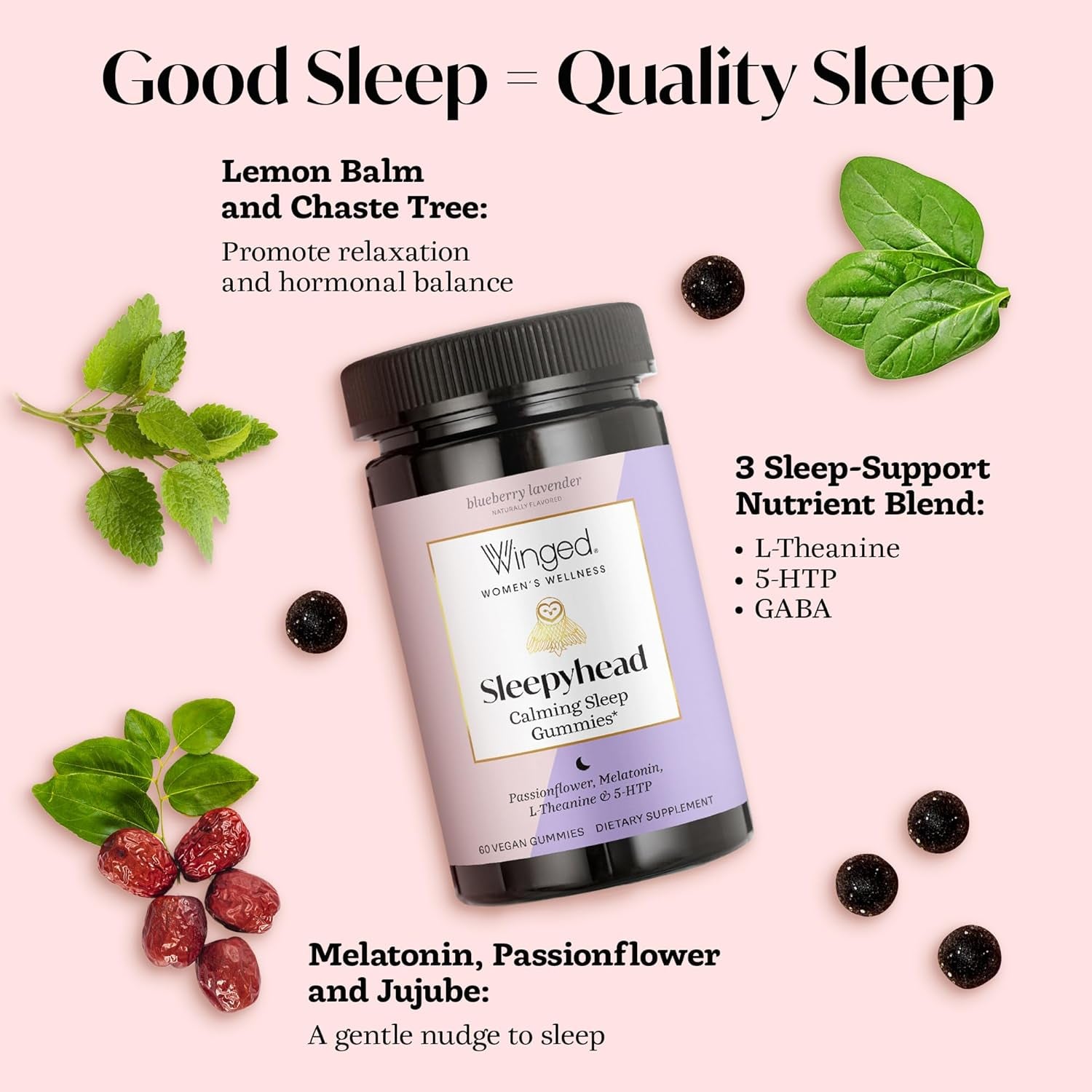 Winged Wellness Sleepyhead Calming Sleep Gummies for Women – 60 Gummies | Blueberry Lavender | Natural Melatonin & Herbal Support for Restful Sleep