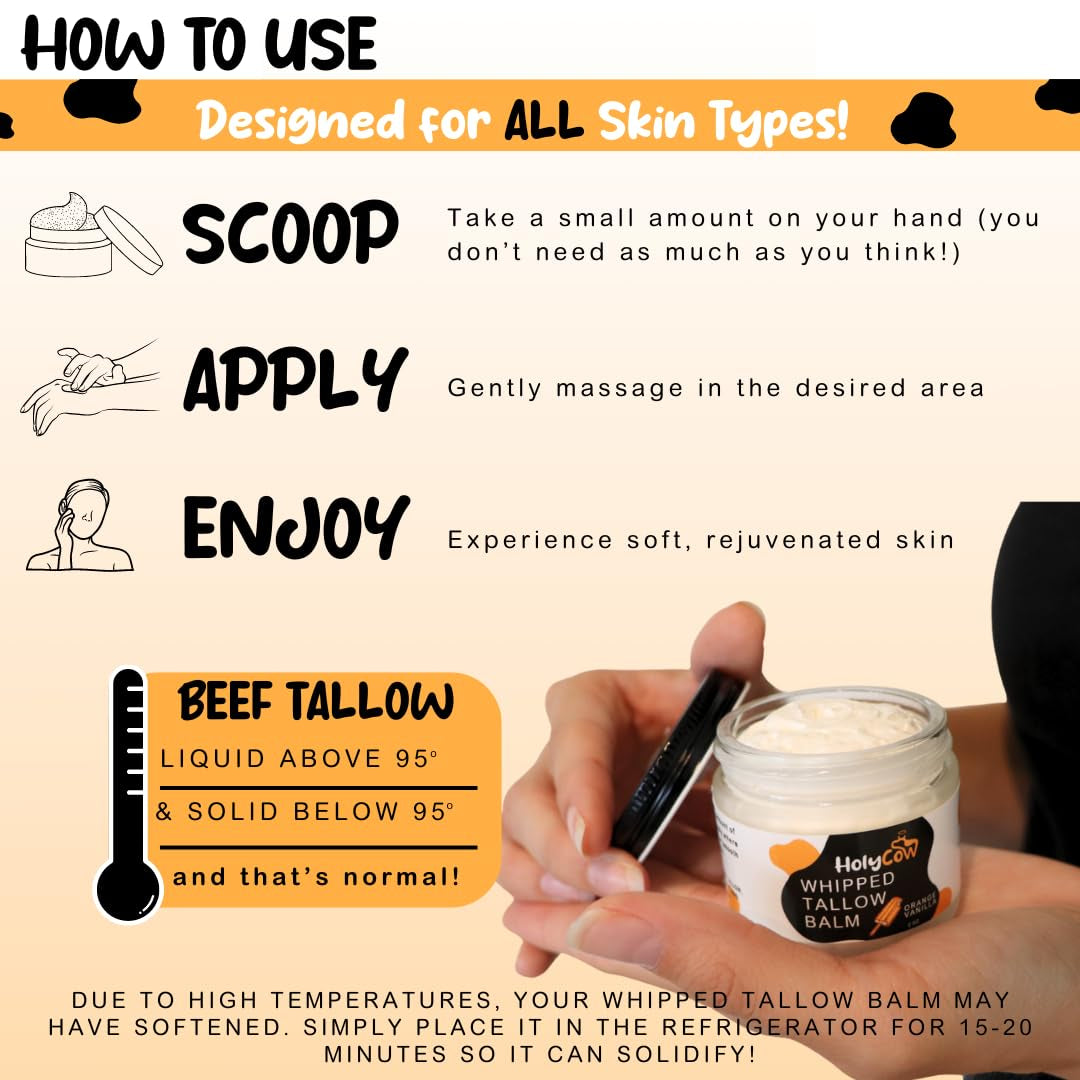HolyCow Whipped Tallow Balm – 56.7g | Orange Vanilla Scent | Nourishing Grass-Fed Moisturizer for Face & Body