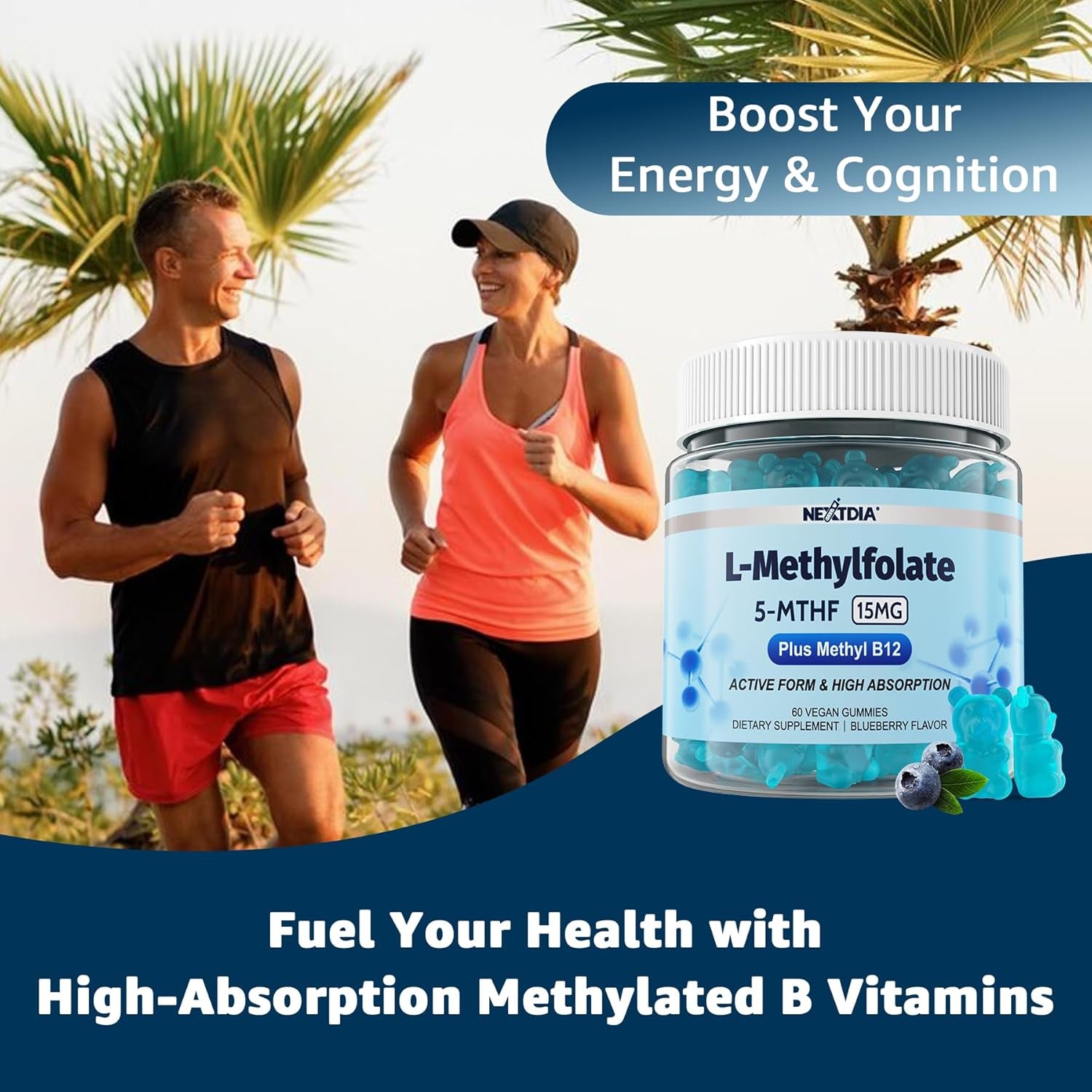 Nextdia L-Methylfolate 5-MTHF Gummies – 60 Sugar-Free Vegan Gummies | Active Folate + Methylated B Vitamins for Energy, Mood & Focus