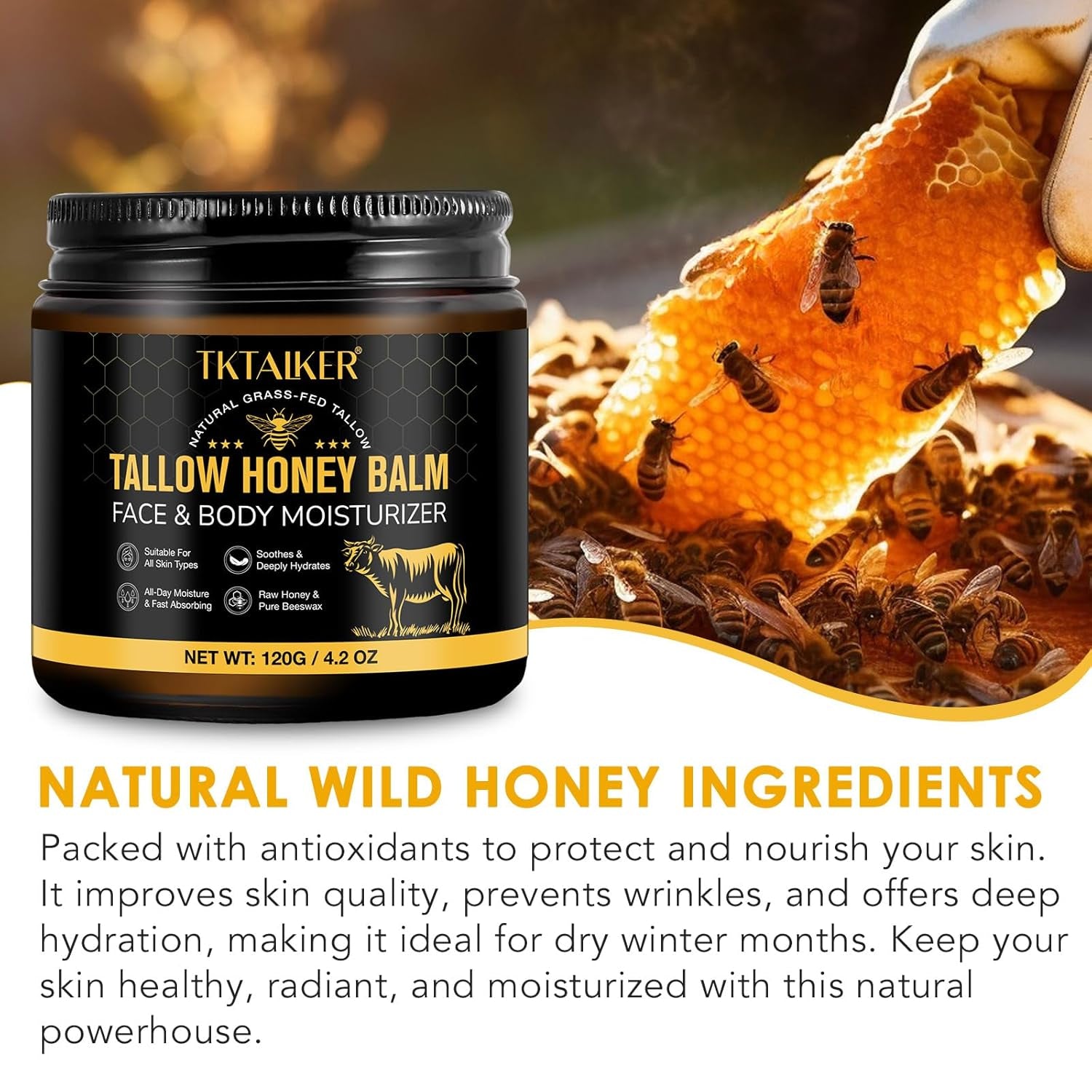 TKTALKER Tallow Honey Balm – 120g | Unscented | Ultra-Nourishing Face & Body Moisturizer with Grass-Fed Beef Tallow & Raw Honey