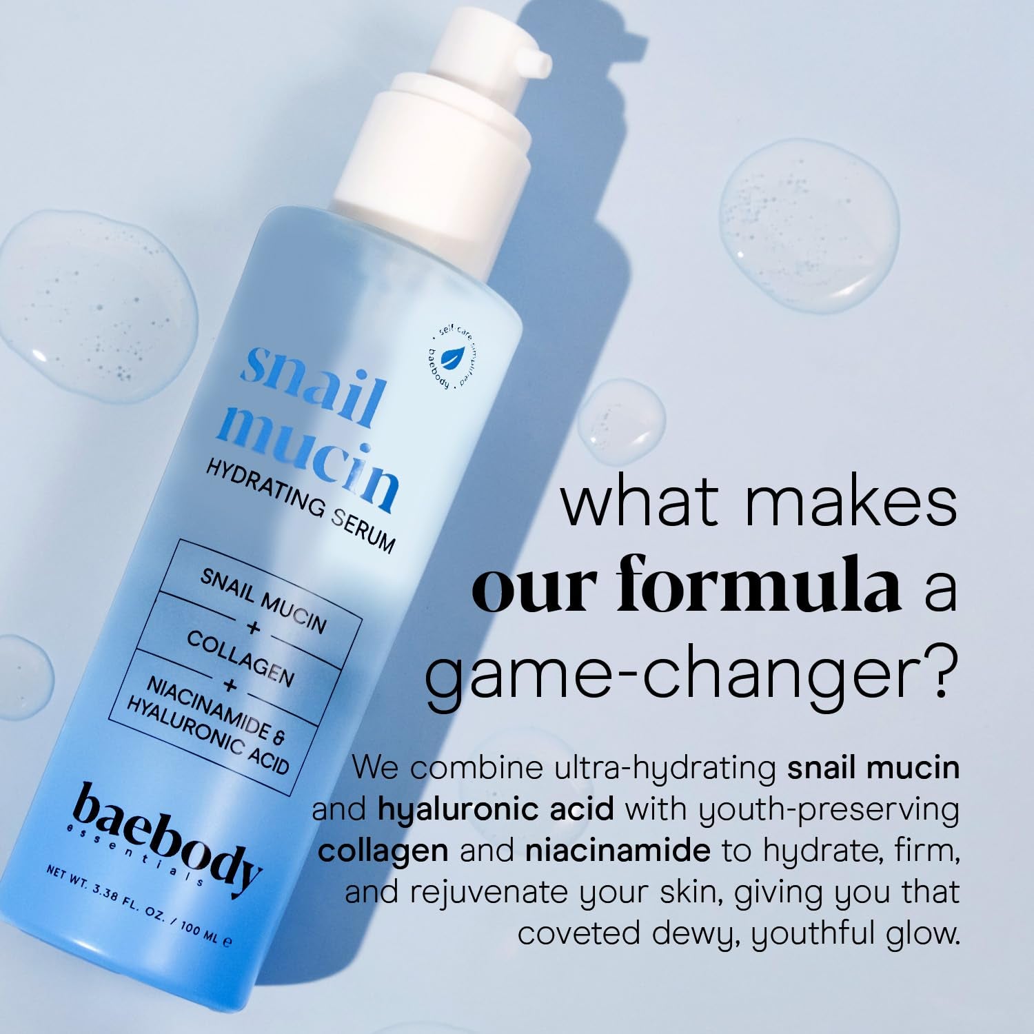 Baebody Snail Mucin Hydrating Serum – 100ml | Collagen-Infused K-Beauty Serum for Dewy Skin, Dark Spots & Fine Lines