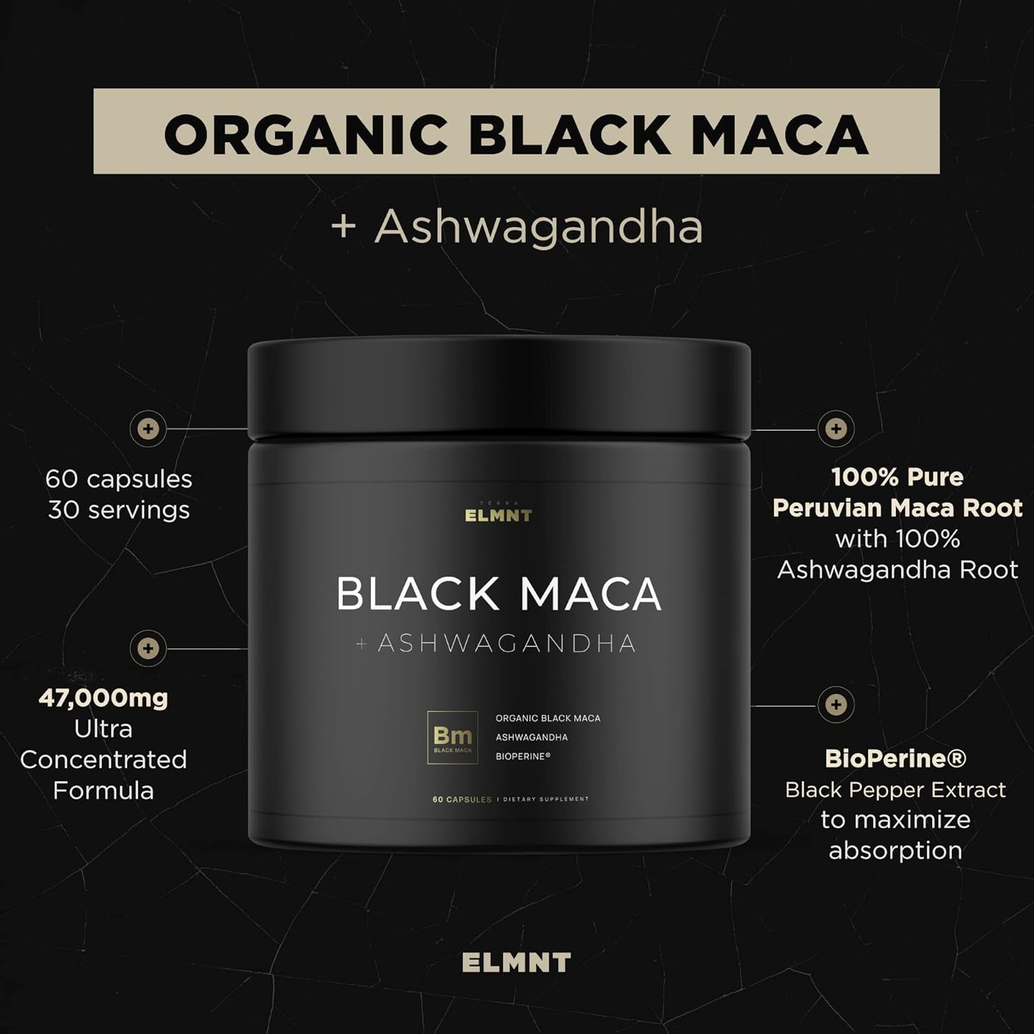 Terra Elmnt 40,000Mg 40X Strength Organic Black Maca Root + Ashwagandha - #1 Highest Potency Black Maca Root Capsules for Men Supplement 100% Pure Maca Peruana 40:1 Extract Maca Powder Pills Male Booster