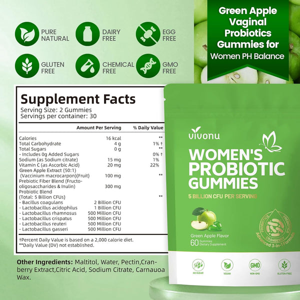 VivoNu Women’s Probiotic Gummies (Green Apple Flavor) – 60 Gummies | Vaginal Balance, pH Support & Digestive Wellness
