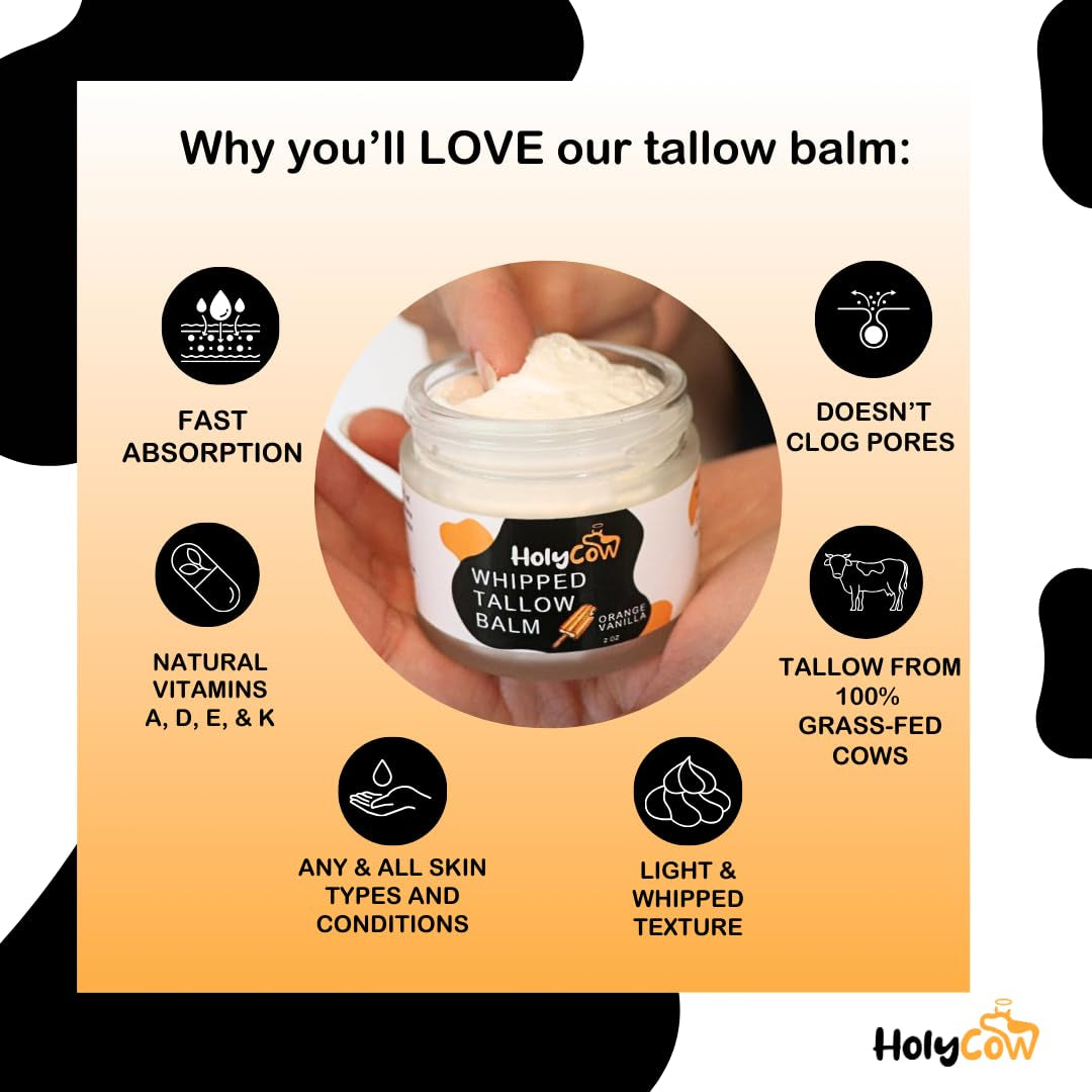 HolyCow Whipped Tallow Balm – 56.7g | Orange Vanilla Scent | Nourishing Grass-Fed Moisturizer for Face & Body