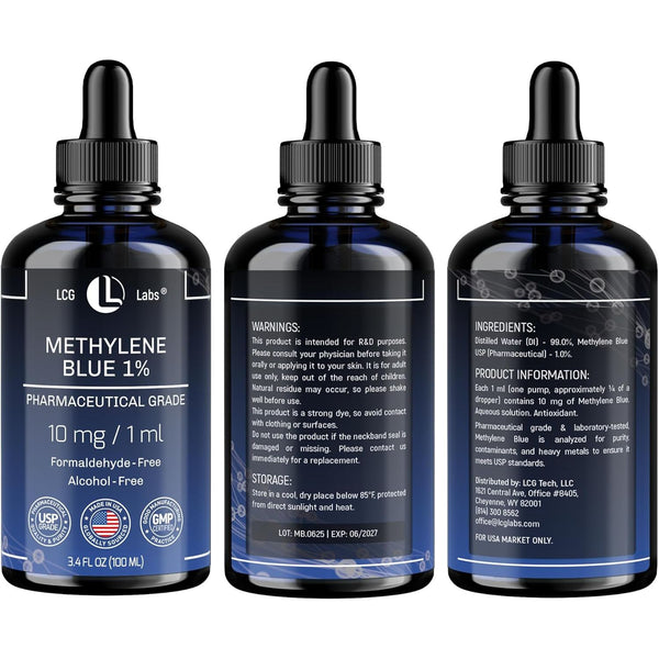 LCG LABS Methylene Blue 1% Solution – 100ml | Cellular Antioxidant Support & Mitochondrial Health Booster