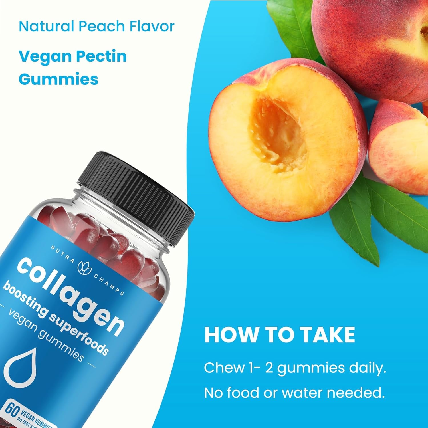 Collagen Boosting Gummies, Collagen Booster Gummy for Natural Collagen Production, Vegan Pectin Supplements Chews for Women & Men, 60 Peach Vitamins Gummies