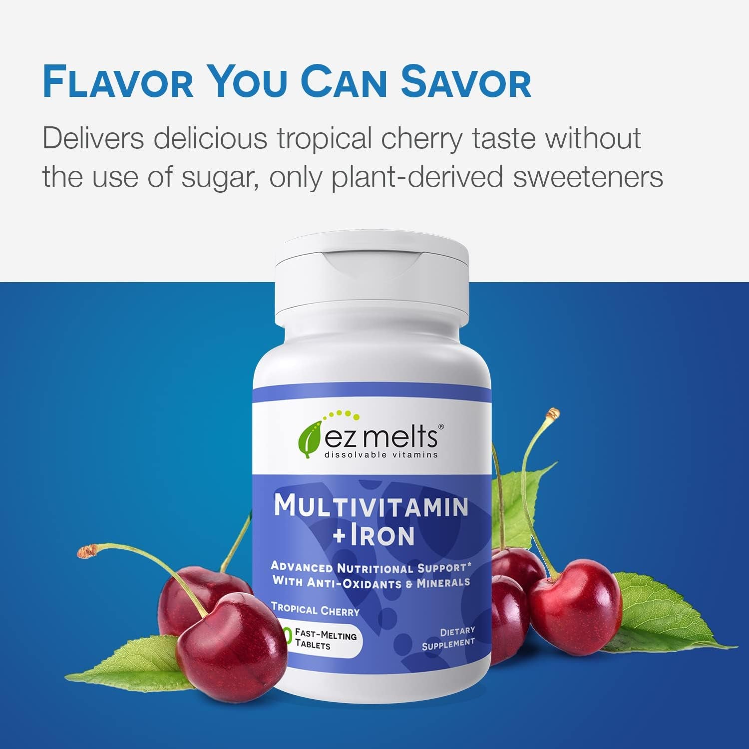 EZ Melts Dissolvable Multivitamin + Iron – 60 Tablets | Vegan Daily Nutritional Support with Tropical Cherry Flavor
