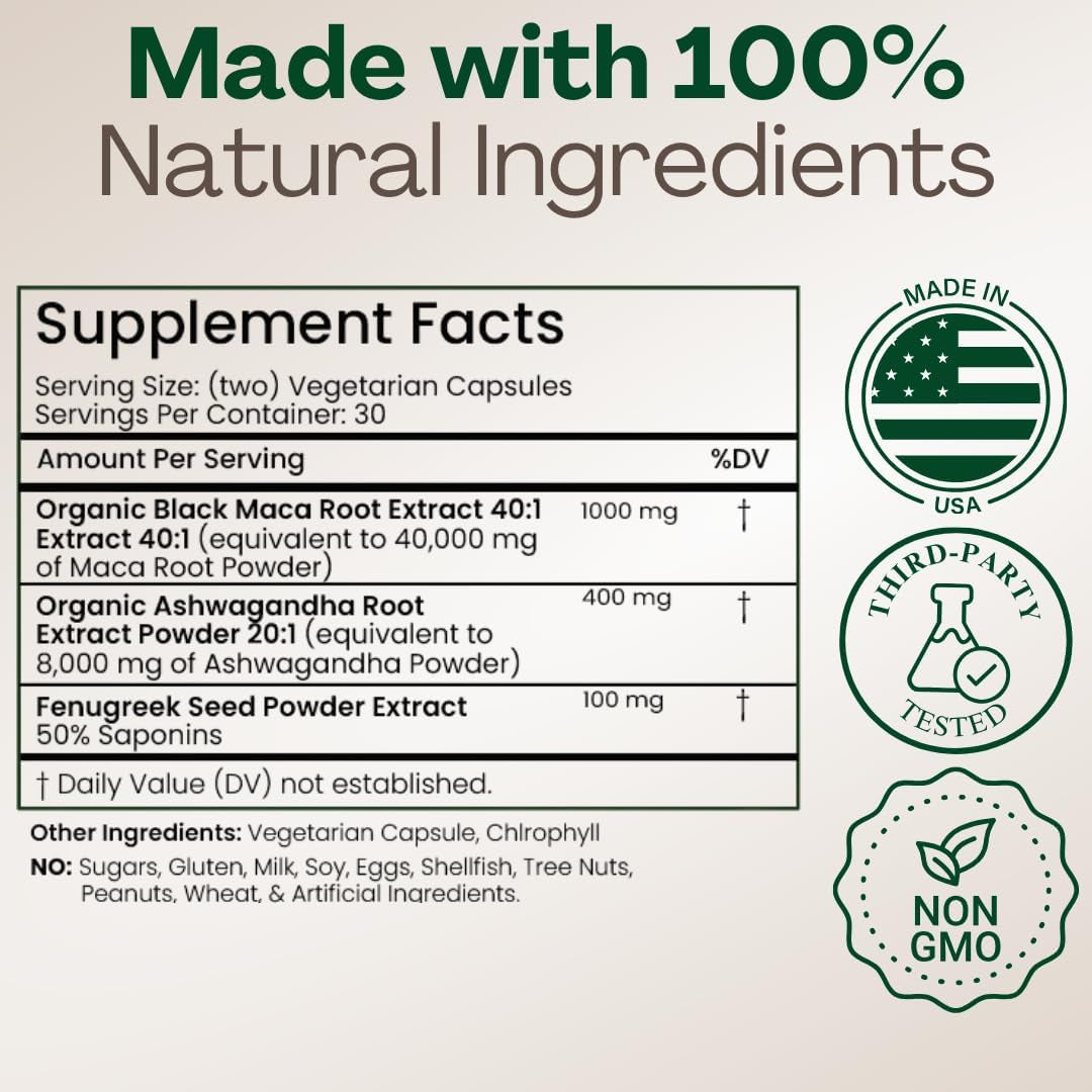 MACAPLUS+ Black Maca Root + Ashwagandha + Fenugreek - #1 Highest Potency Black Maca Root 40,000Mg 40X Strength Organic Capsules for Men and Women Supplement 100% Pure Maca Peruana 40:1 Powder Pills