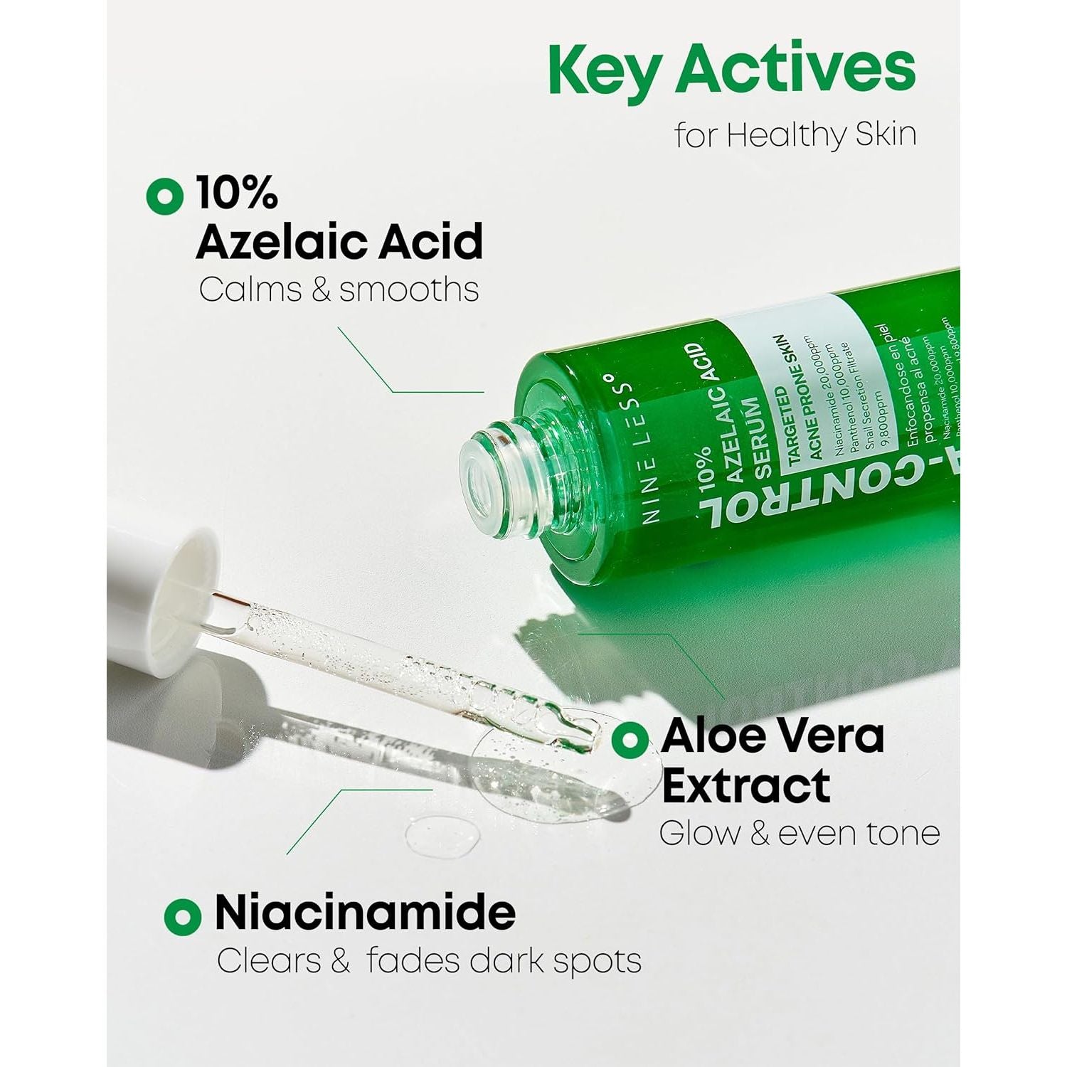 NINELESS A-Control 10% Azelaic Acid Serum – 30ml | Redness Relief, Dark Spot & Acne Treatment
