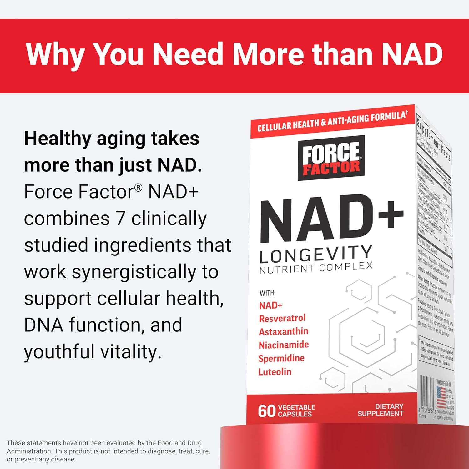 Force Factor NAD+ Longevity Nutrient Complex – 60 Capsules | 7-in-1 Anti-Aging & Energy Formula