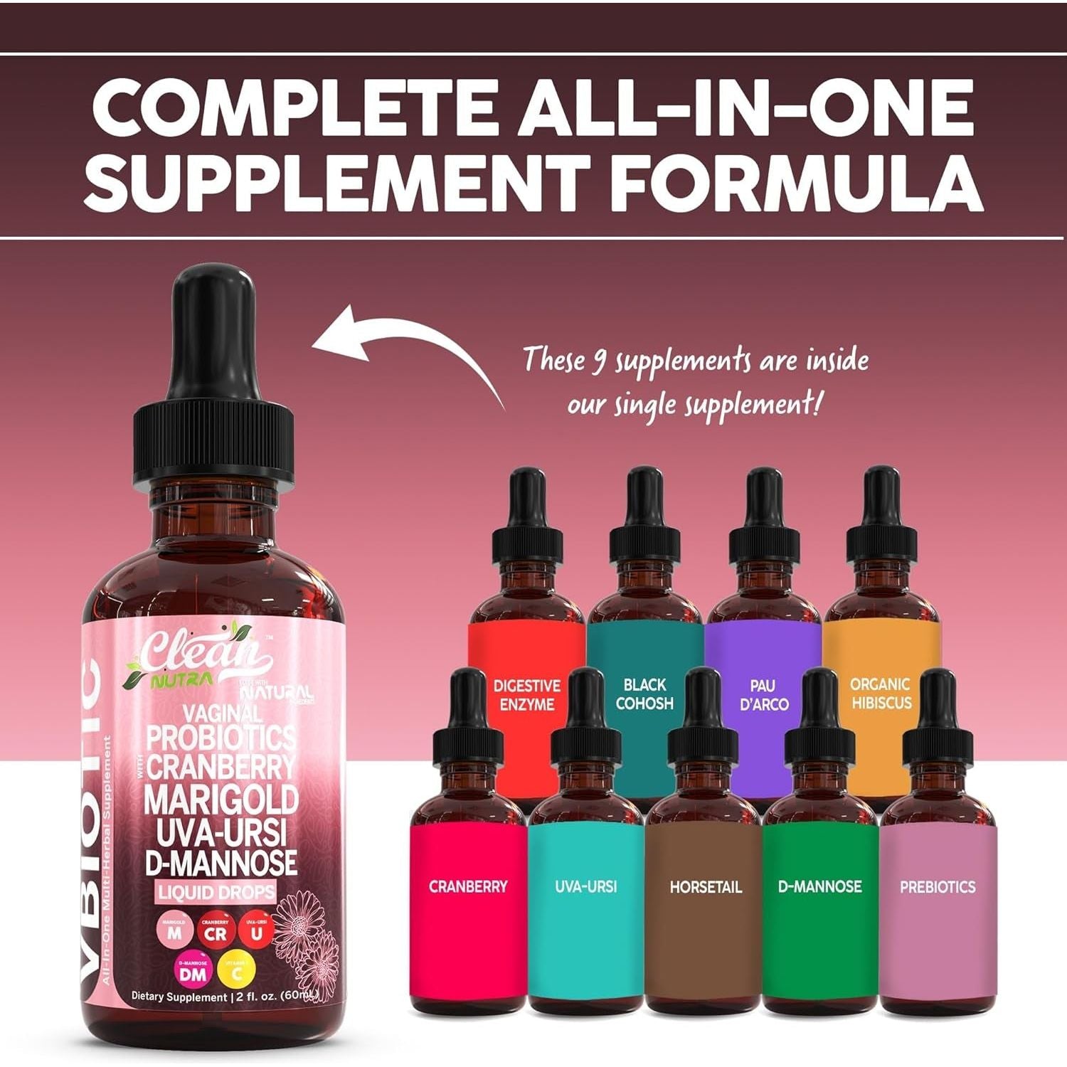 Clean Nutraceuticals Vaginal Probiotic Drops – 60ml | D-Mannose, Cranberry, Uva Ursi & Black Cohosh for Urinary, Vaginal & Hormonal Health