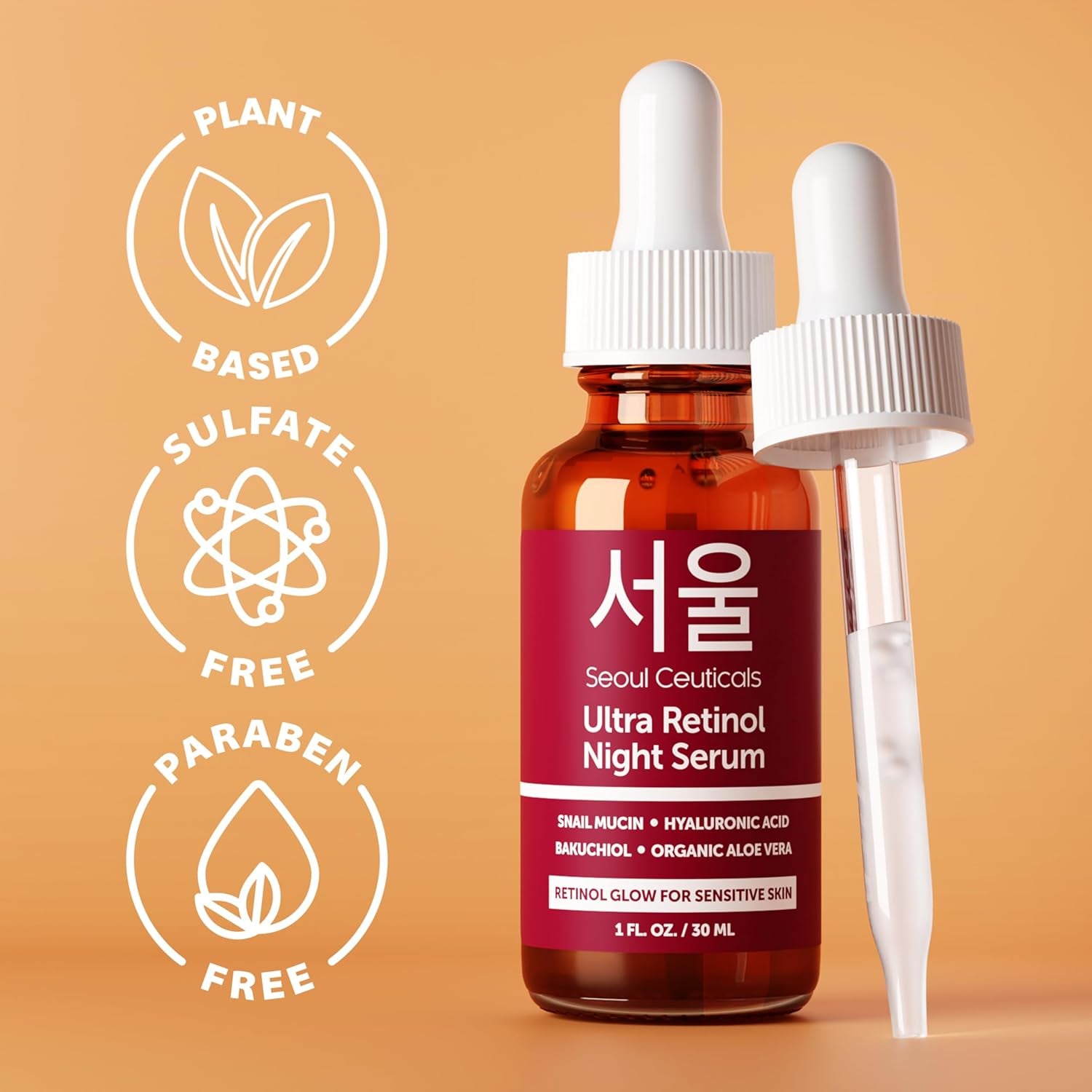 SeoulCeuticals Ultra Retinol Night Serum – 1oz | Anti-Aging Korean Formula with 1% Retinol, Snail Mucin & Bakuchiol