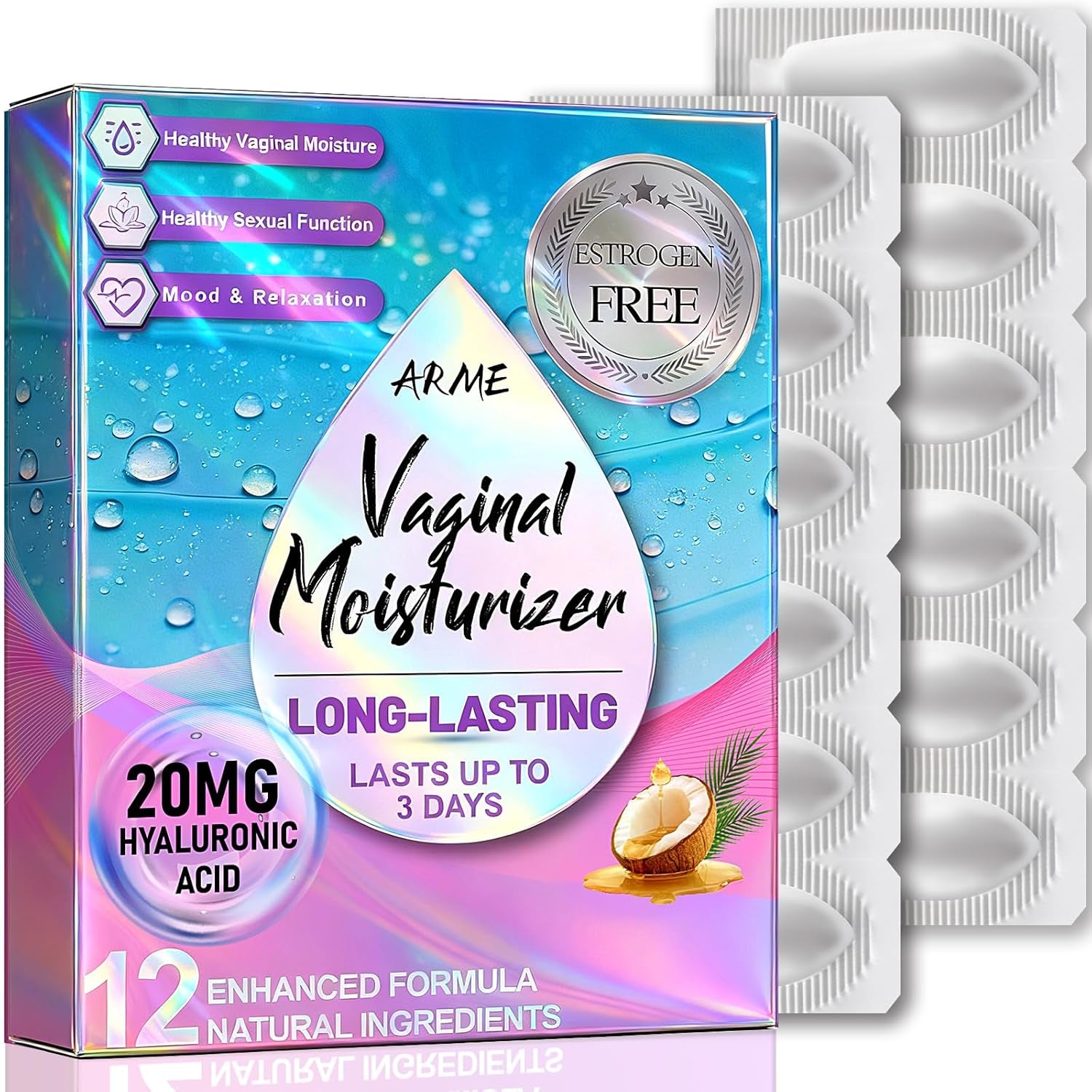 20MG Hyaluronic Acid Vaginal Moisturizers Suppositories + Coconut Oil&Ve 72-Hour for Vaginal Dryness from Menopause, Surgery Hormone-Free Best Vaginal Dryness Products 1-Month Supply (12 Inserts)
