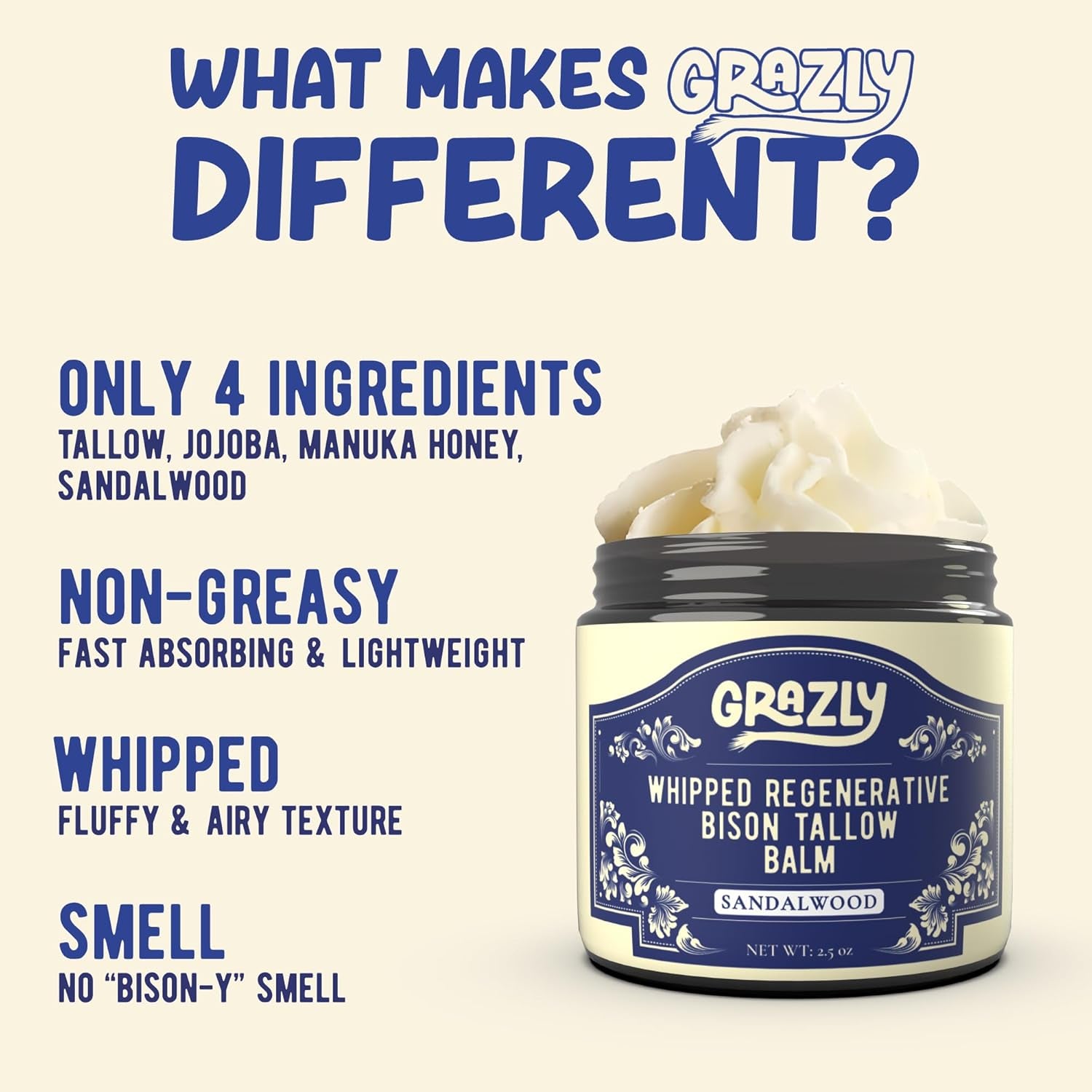 Grazly Whipped Regenerative Bison Tallow Balm (Sandalwood) – 71g | Deep Hydration & Skin Nourishment
