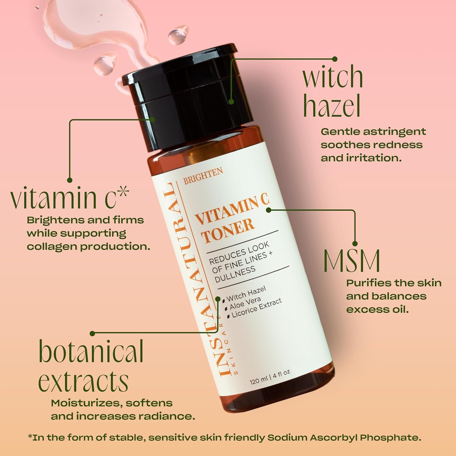 InstaNatural Vitamin C Toner – 120ml | Brightening, Hydrating & Pore-Refining Alcohol-Free Facial Toner