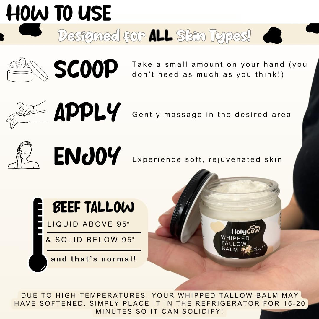 HolyCow Whipped Tallow Balm – 56.7g | Vanilla Bean Scent | Nourishing Ancestral Skincare for Face & Body