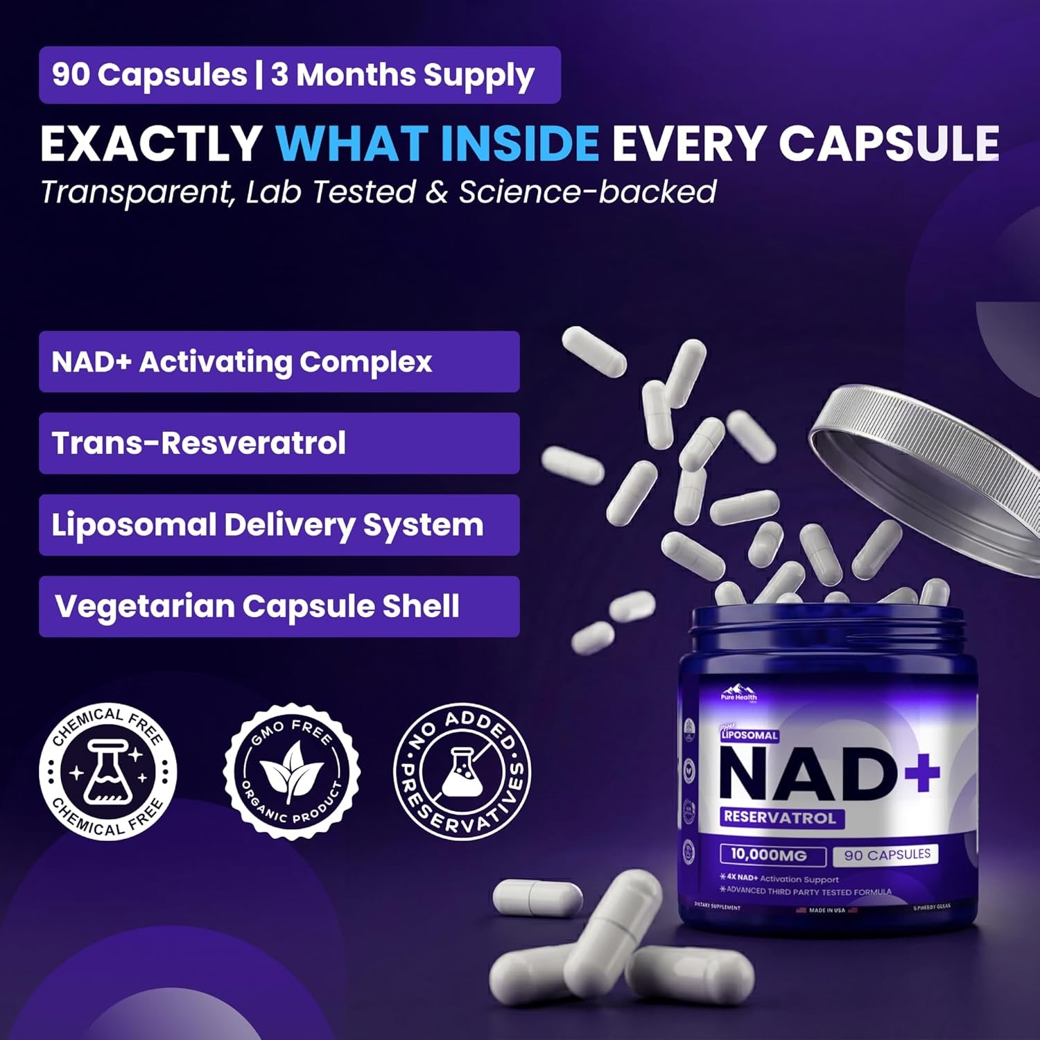 PHM NAD Resveratrol Supplement - 10,000MG Extra Strength | NAD+ Liposomal Supplements for Men and Women | NMN & NMNH Alternative | 90 Capsules, 3 Months Supply