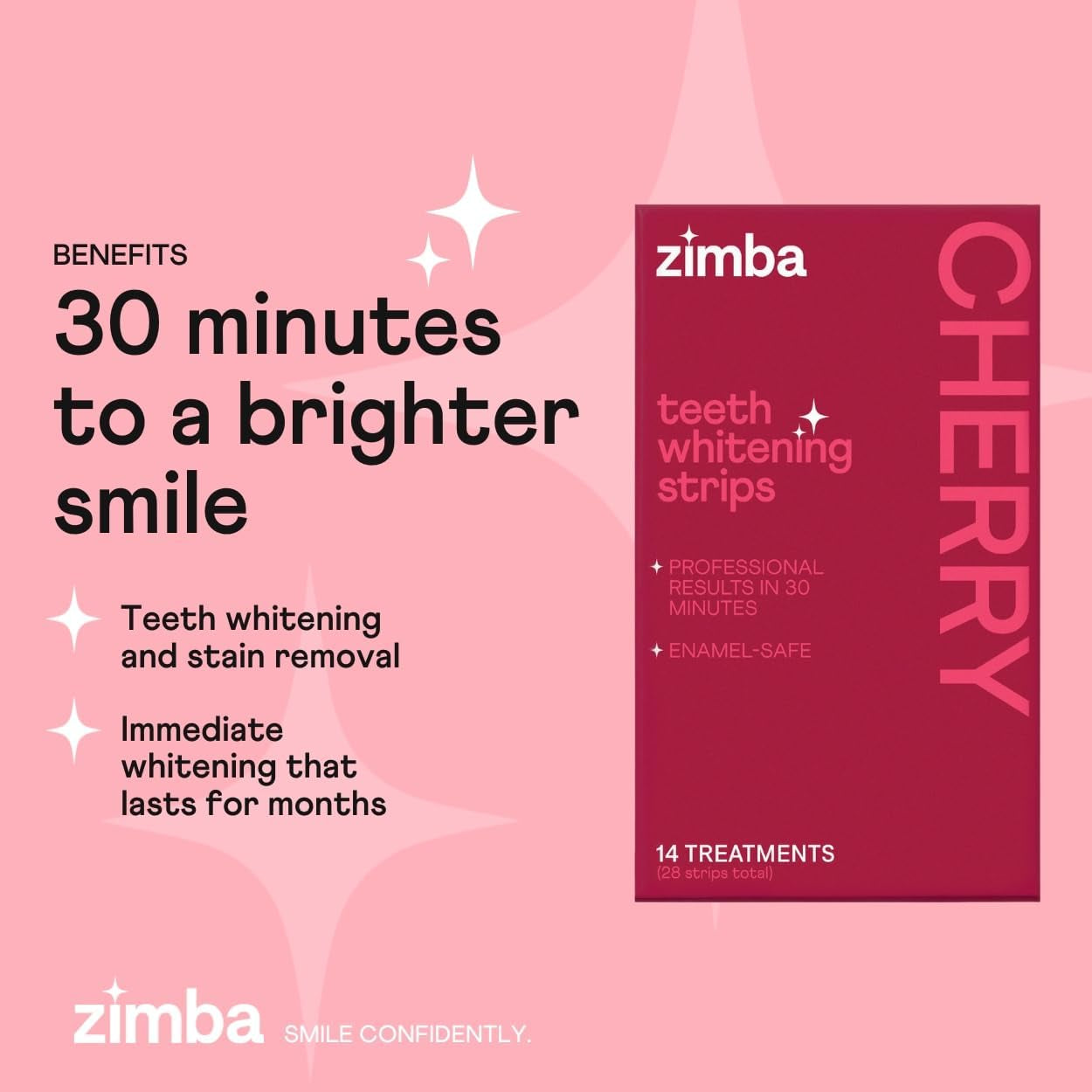 Zimba Cherry Teeth Whitening Strips – 14 Treatments (28 Strips) | Remove Stains, Whiten Teeth & Sweeten Breath