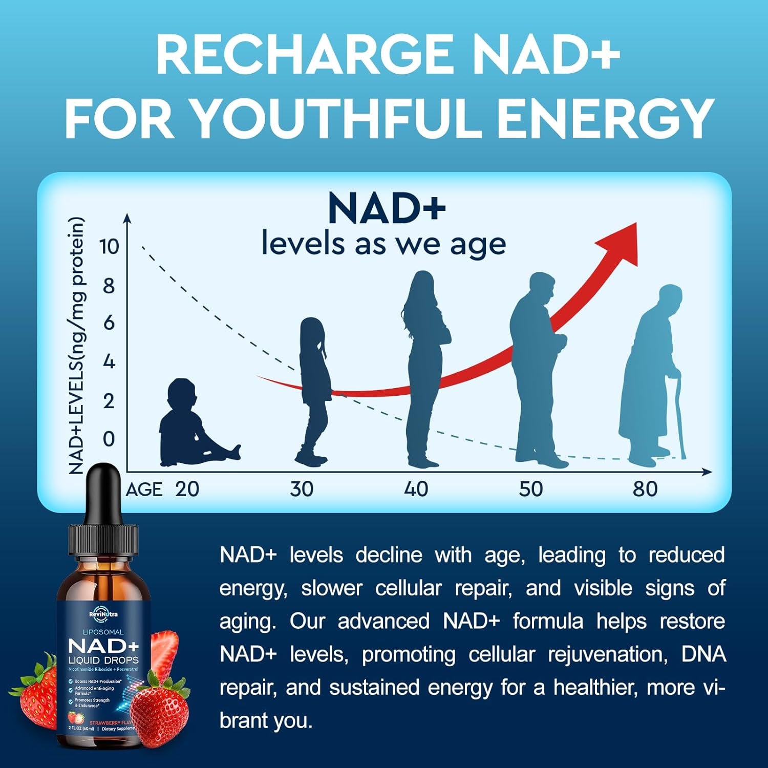 Liposomal NAD+ Liquid Supplement, Nad Resveratrol Supplement for Women & Men, Nicotinamide Riboside with PQQ, Coq10, Quercetin for Anti-Aging, Brain, Cellular Energy Health, Strawberry Flavor, 2 Fl Oz