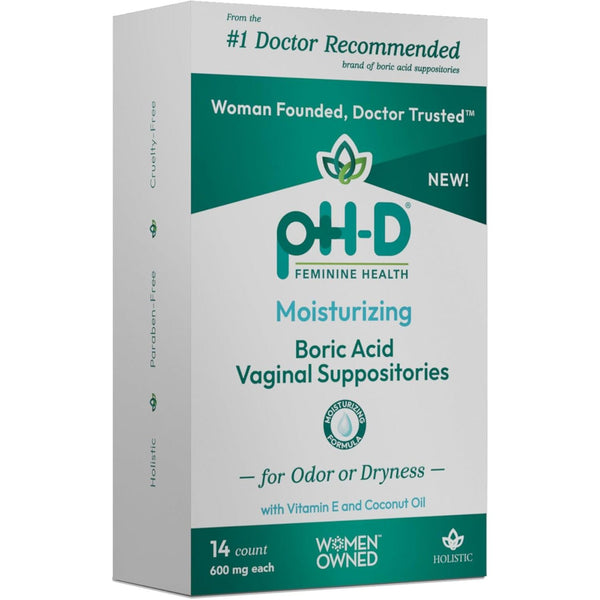 pH-D Feminine Health Support Moisturizing Boric Acid Vaginal Suppositories – 14 Count | Odour Relief & Hydration