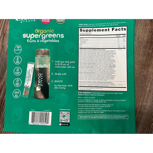 Zena Nutrition Organic Super Greens Powder – Mixed Berry, 30 Stick Packs | 70+ Superfoods & Probiotics