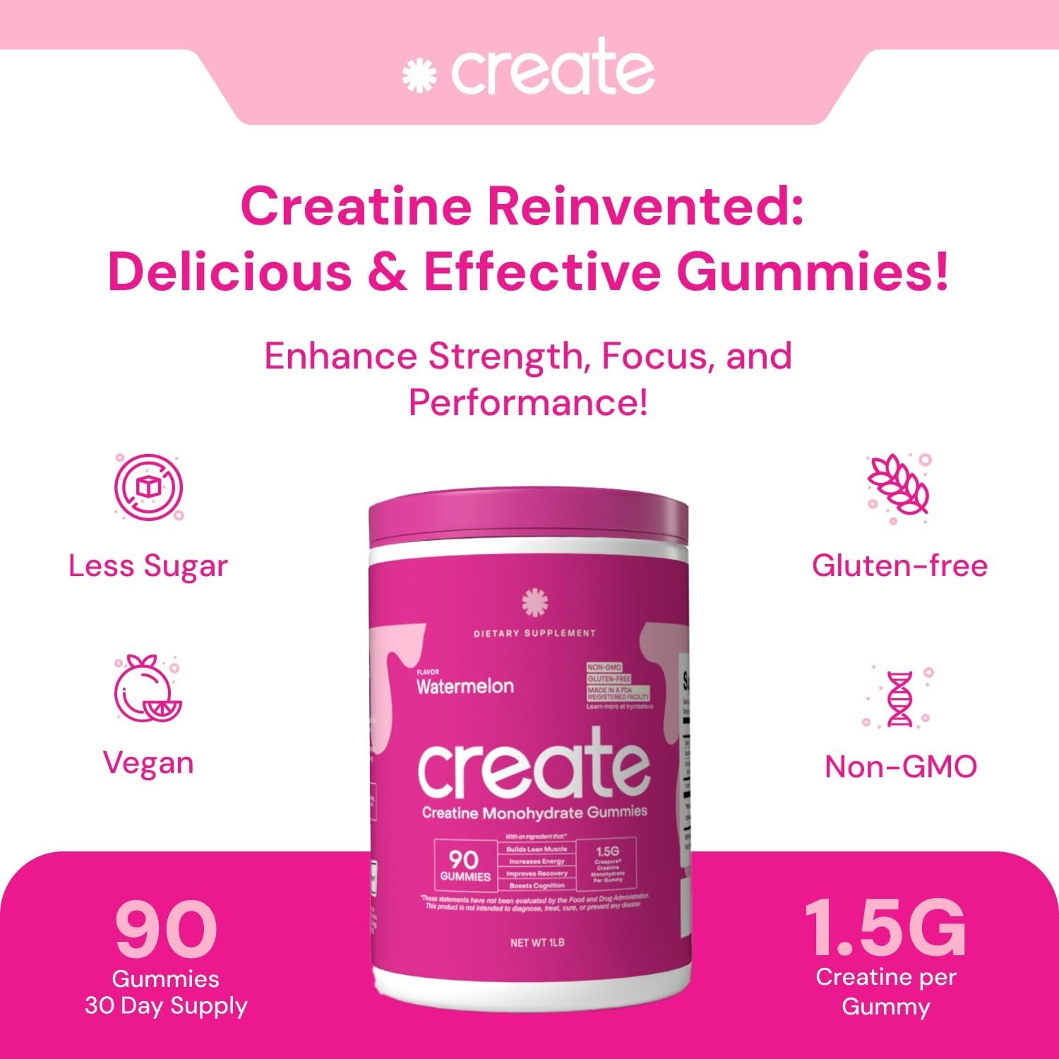 Creatine Monohydrate Gummies for Men & Women - Boost Focus, Strength, and Endurance, Anti-Melting Formula, Vegan, Gluten-Free, Non-Gmo, 1.5 Gram Creatine per Gummy (Watermelon, 90 Ct)