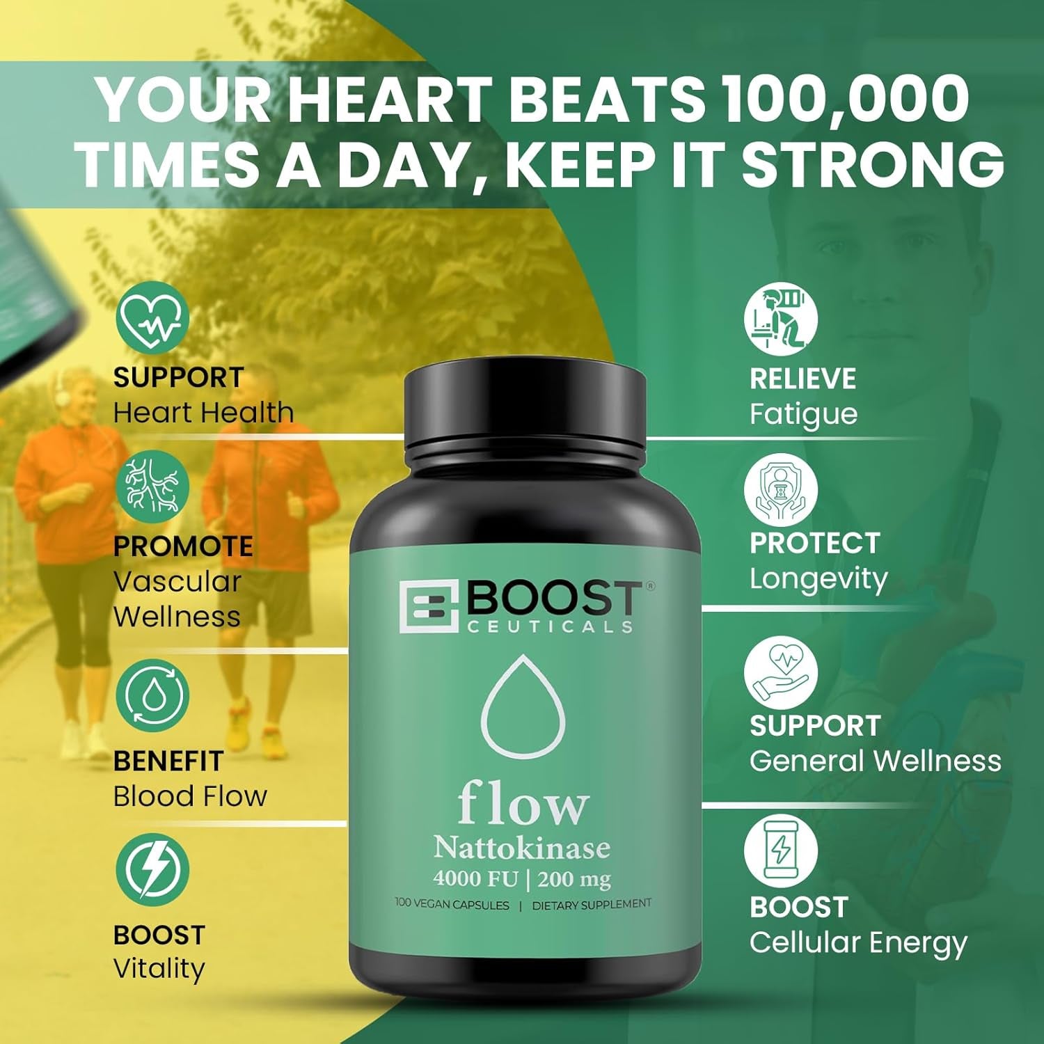 BoostCeuticals Flow Nattokinase 4000FU | 200mg – 100 Vegan Capsules | Heart, Circulation & Blood Flow Support