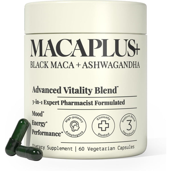 MACAPLUS+ Black Maca Root + Ashwagandha + Fenugreek - #1 Highest Potency Black Maca Root 40,000Mg 40X Strength Organic Capsules for Men and Women Supplement 100% Pure Maca Peruana 40:1 Powder Pills