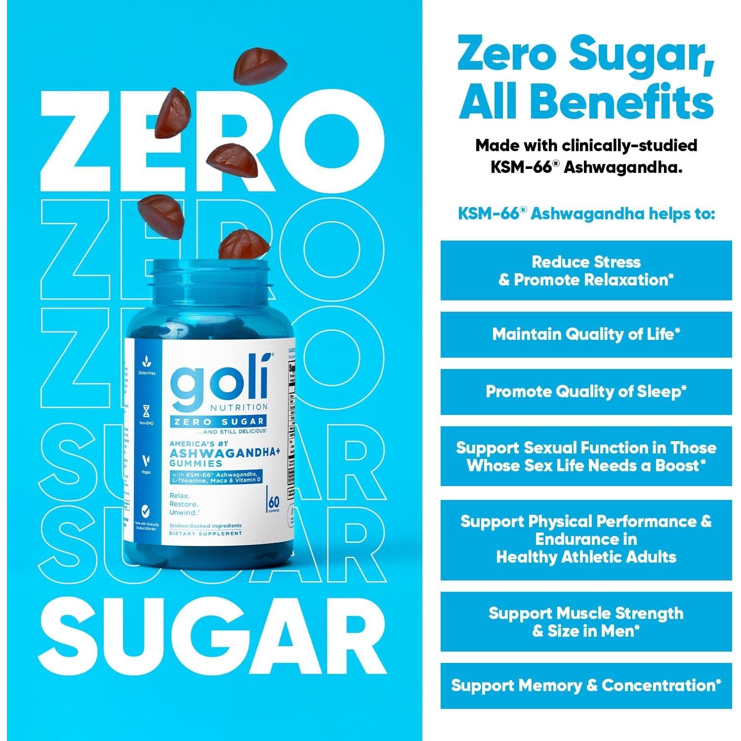 Goli Zero Sugar Ashwagandha+ Gummies – 60 Gummies | Stress Relief & Sleep Support Calm Your Mind, Fuel Your Body – Now with Zero Sugar!