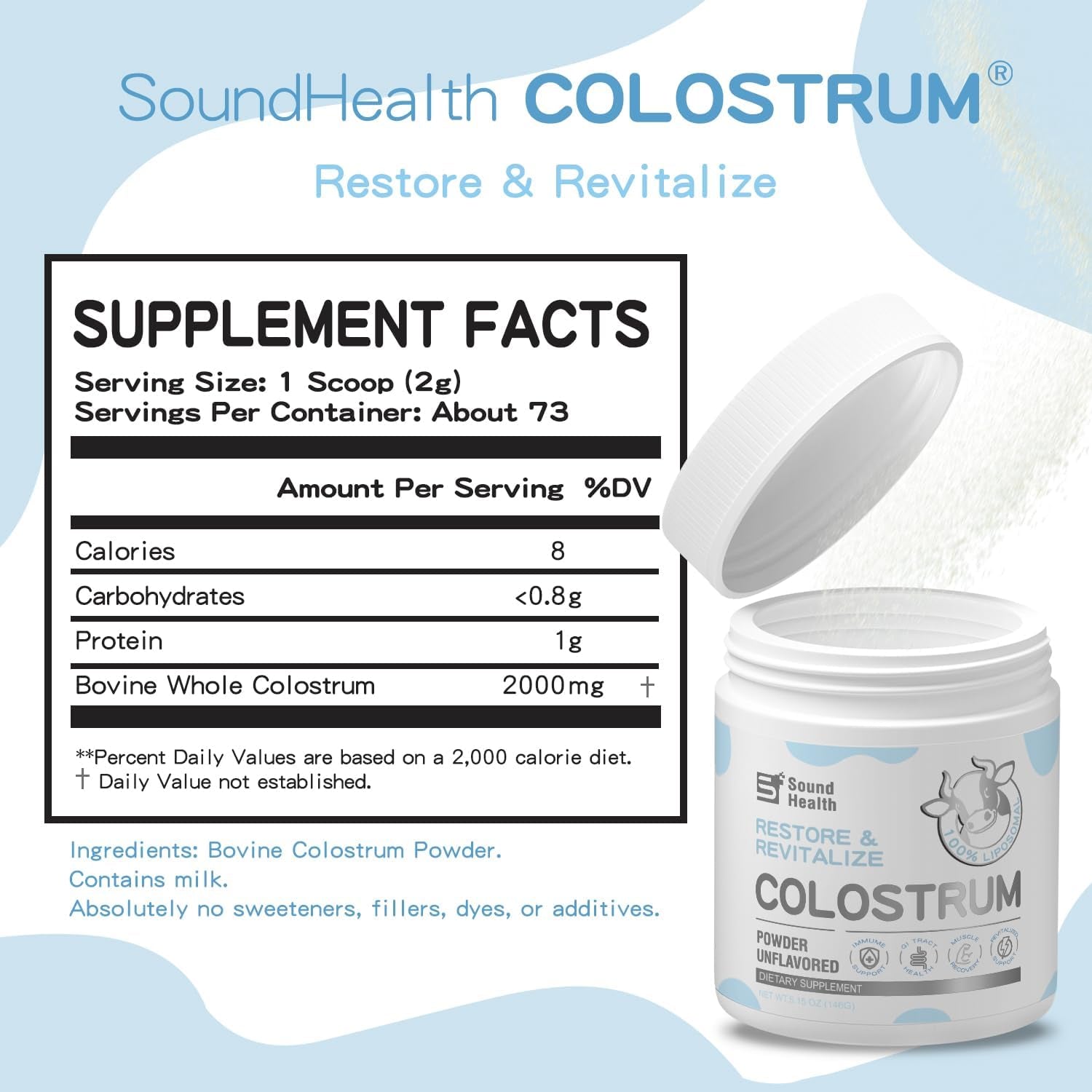 SoundHealth Restore & Revitalize Colostrum Powder – 146g | Immune, Gut & Muscle Recovery Support