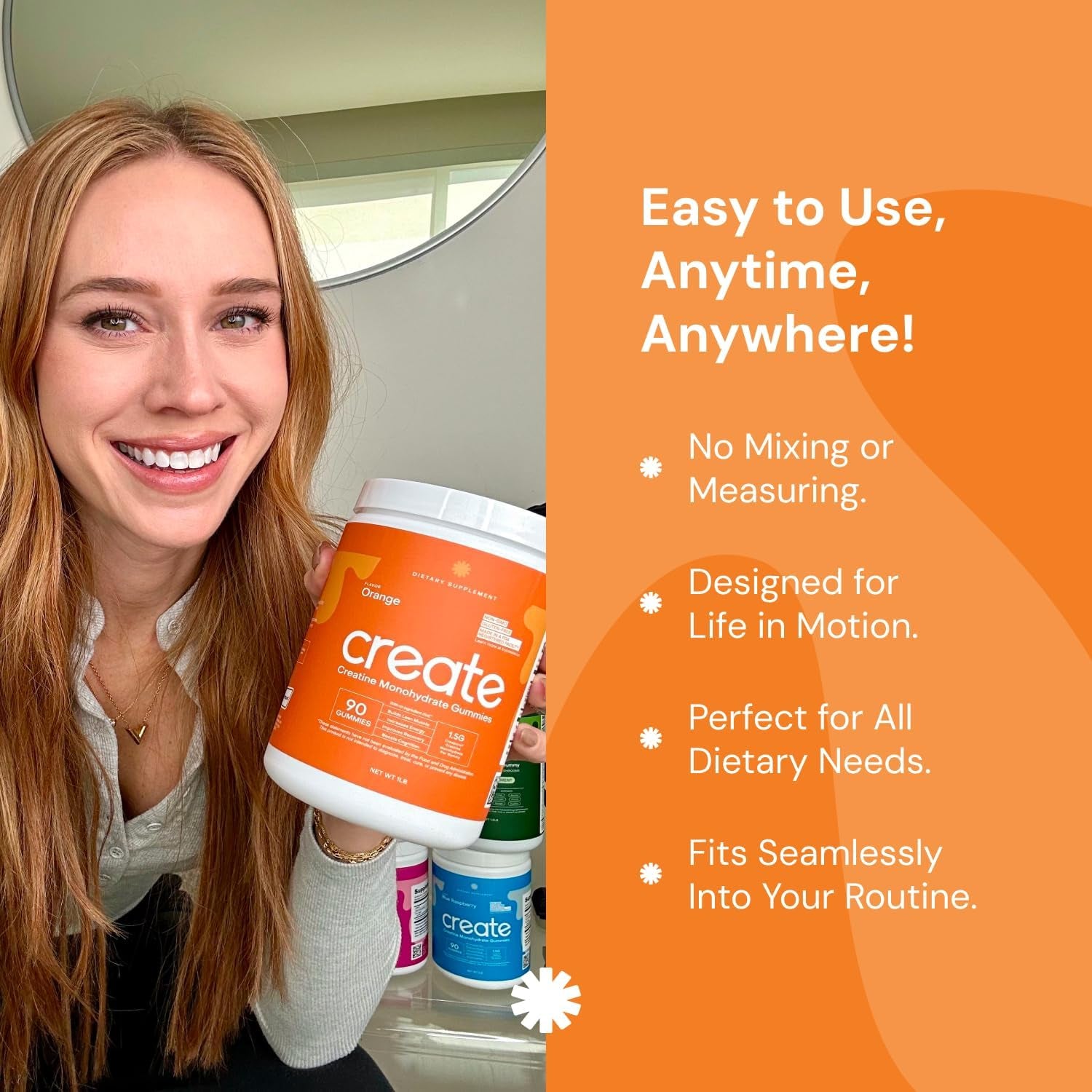Creatine Monohydrate Gummies for Men & Women, Boost Focus, Strength, and Endurance, Anti-Melting Formula, Vegan, Gluten-Free, Non-Gmo, 1.5G of Creatine per Gummy (Orange, 90 Ct)
