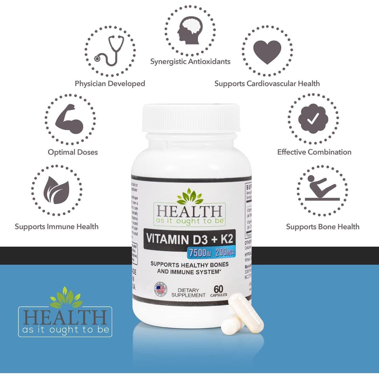 Health As It Ought To Be Vitamin D3+K2 Supplement – 60 Capsules | Bone, Heart & Immune Support