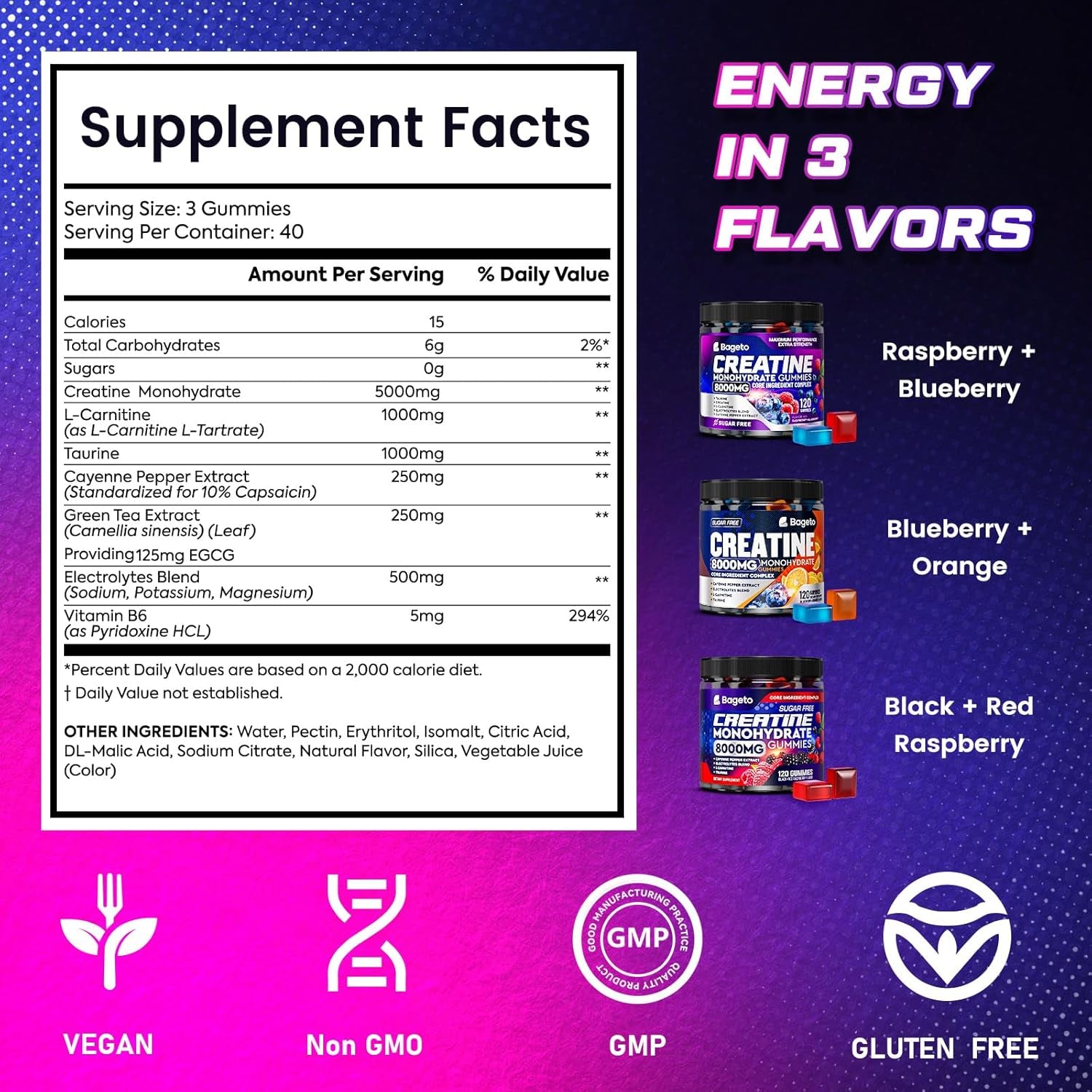 Bageto Creatine Monohydrate Gummies – 120 Gummies | 1+6 Complex for Muscle Growth, Energy & Fast Recovery